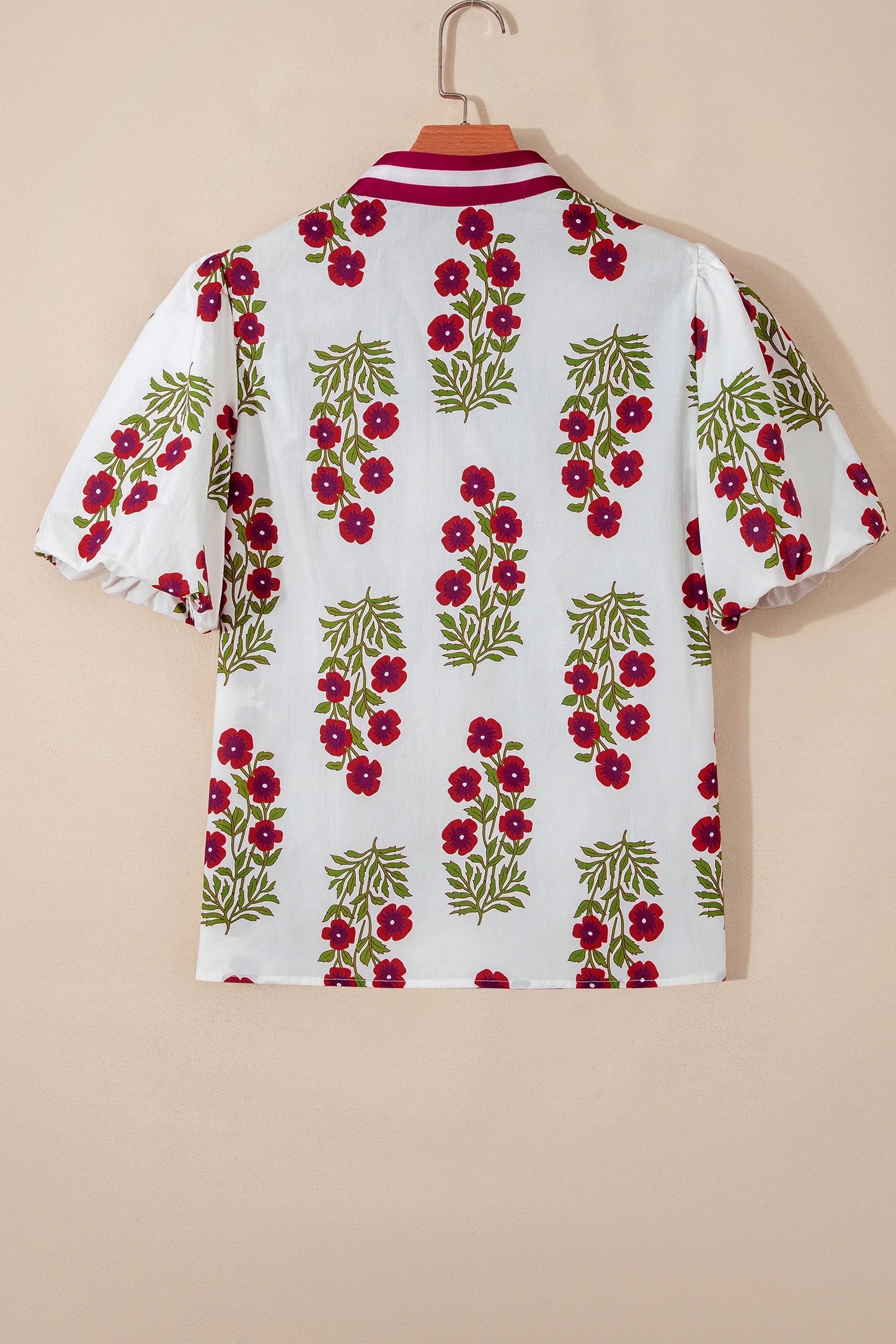 Floral Short Bubble Sleeve Contrast Slit Blouse