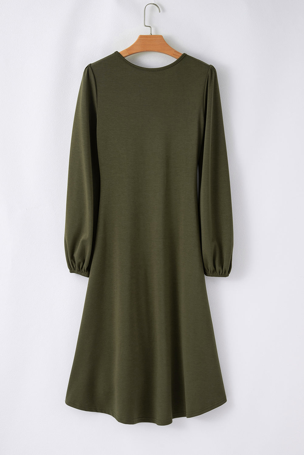 Solid Ruched Long Puff Sleeve Midi Dress
