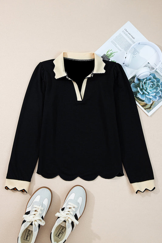 Colorblock Scallop Trim Long Sleeve Collared Top