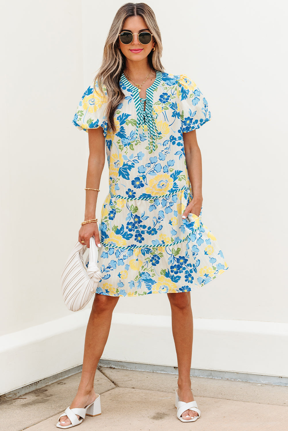 Floral Stripe Trim Puff Short Sleeve Dress