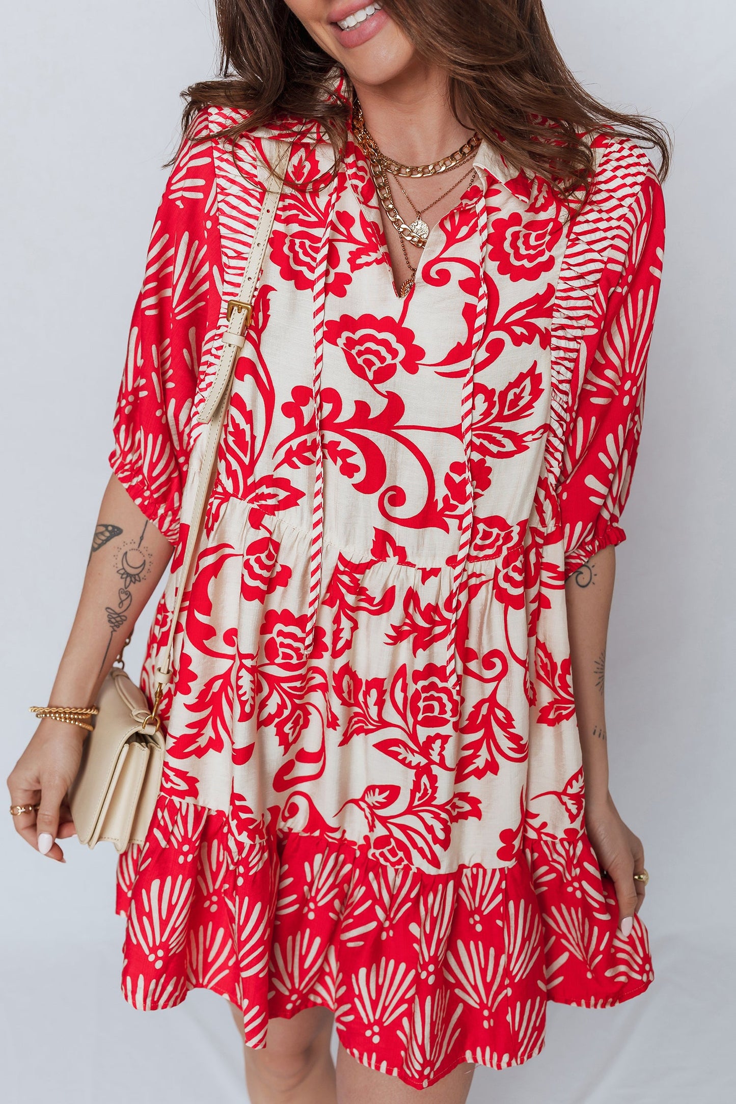 Flower V-Neck 3/4 Sleeve Collar Mini Dress