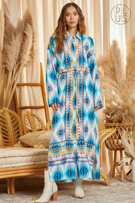 Blue Caracao Aztec Button Down Dress Duster Plus Size