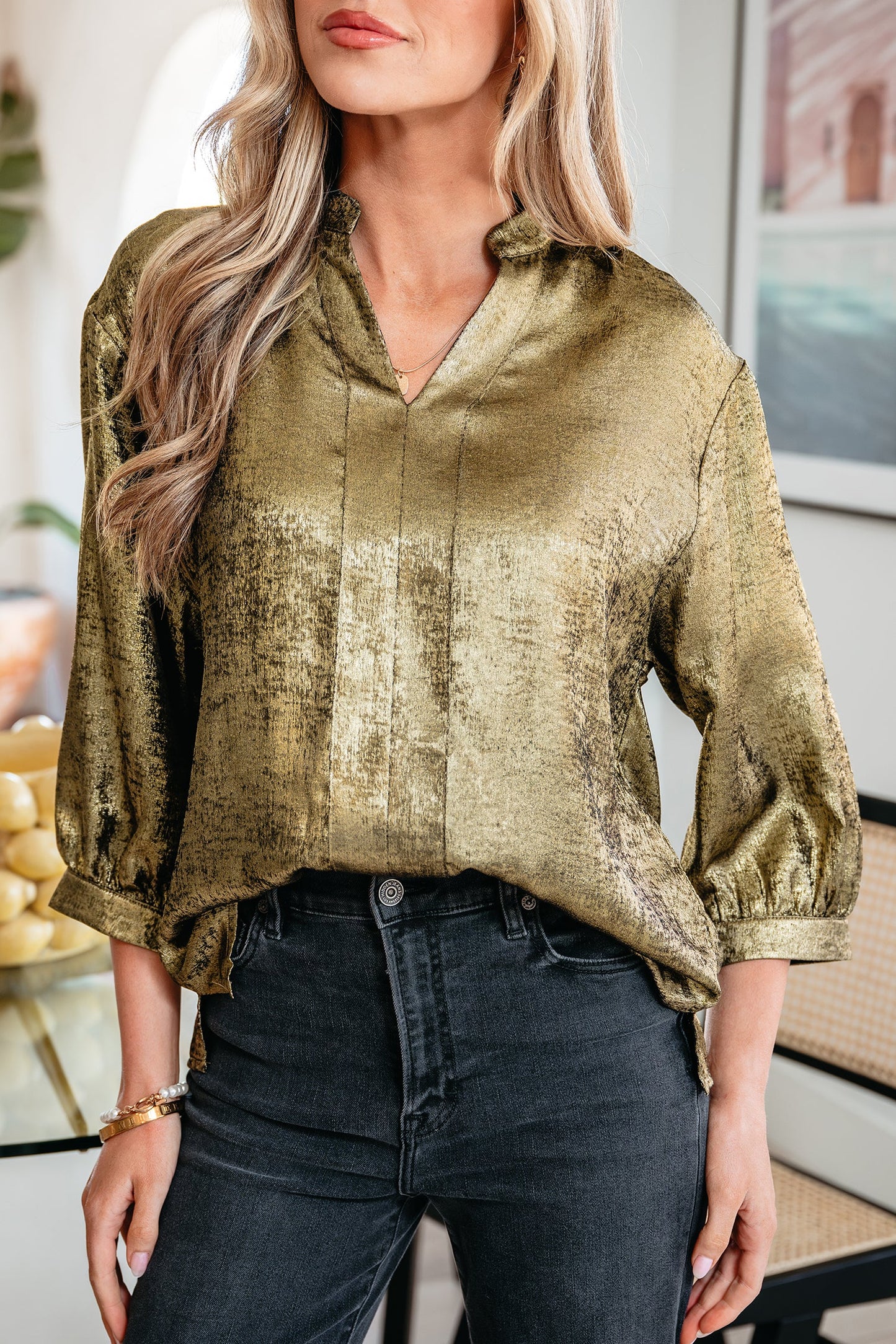 Metallic Split Neck 3/4 Sleeve Blouse