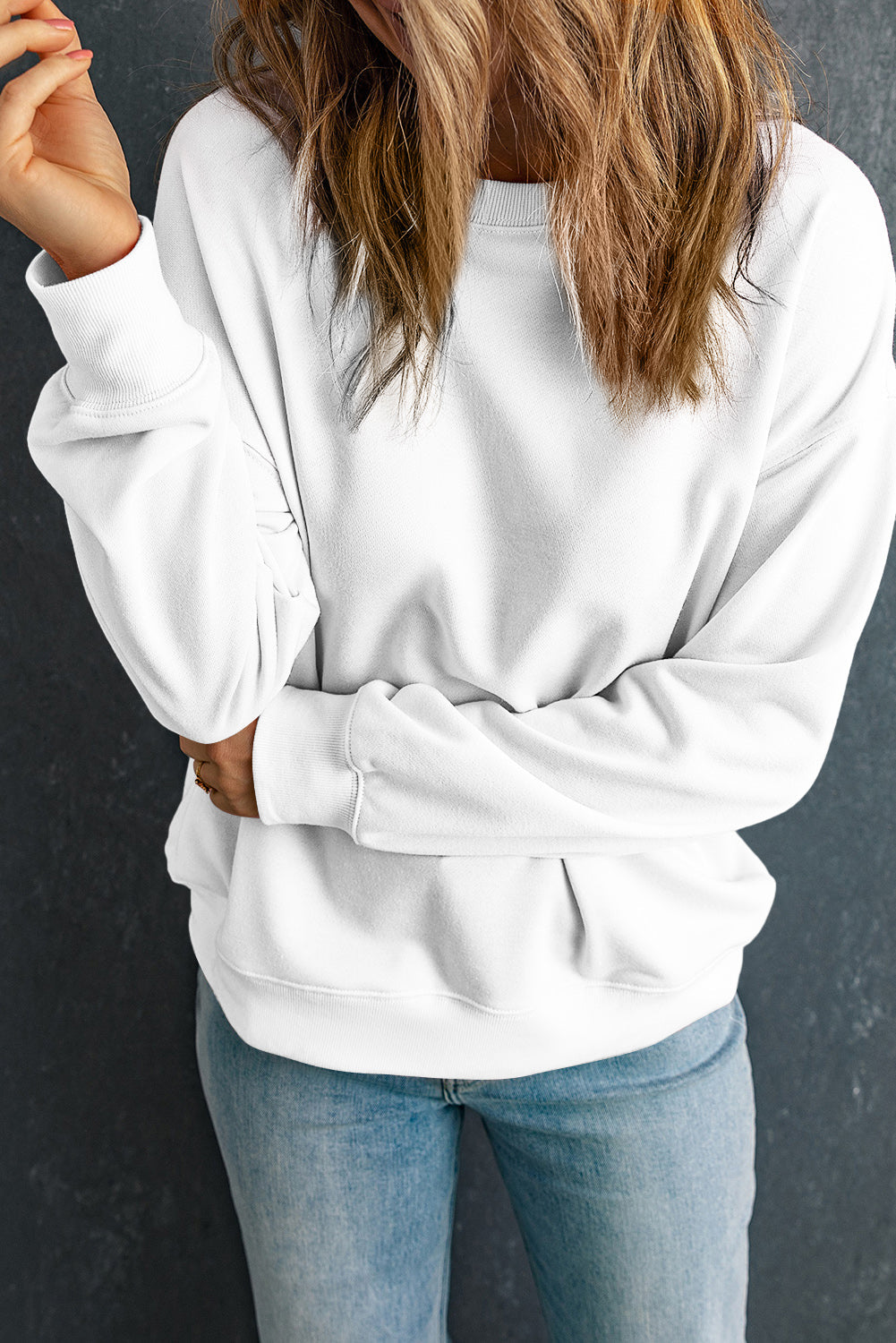 Solid Drop Shoulder Crewneck Pullover Sweatshirt