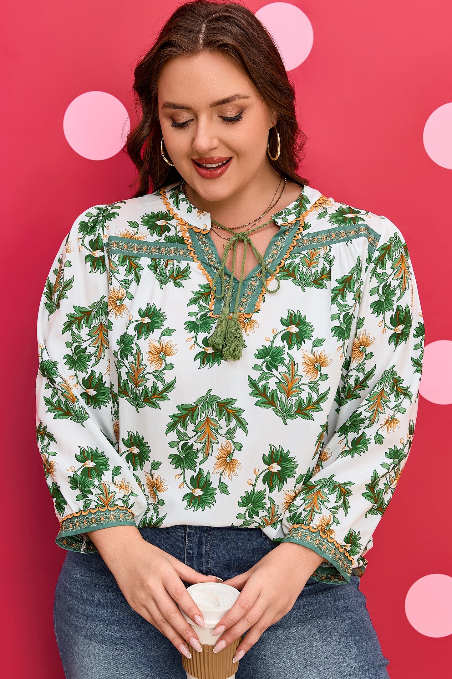 Plus Size Floral Patchwork Tassel Tie Blouse