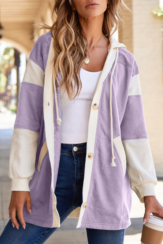 Waffle Knit Colorblock Patchwork Buttoned Hoodie