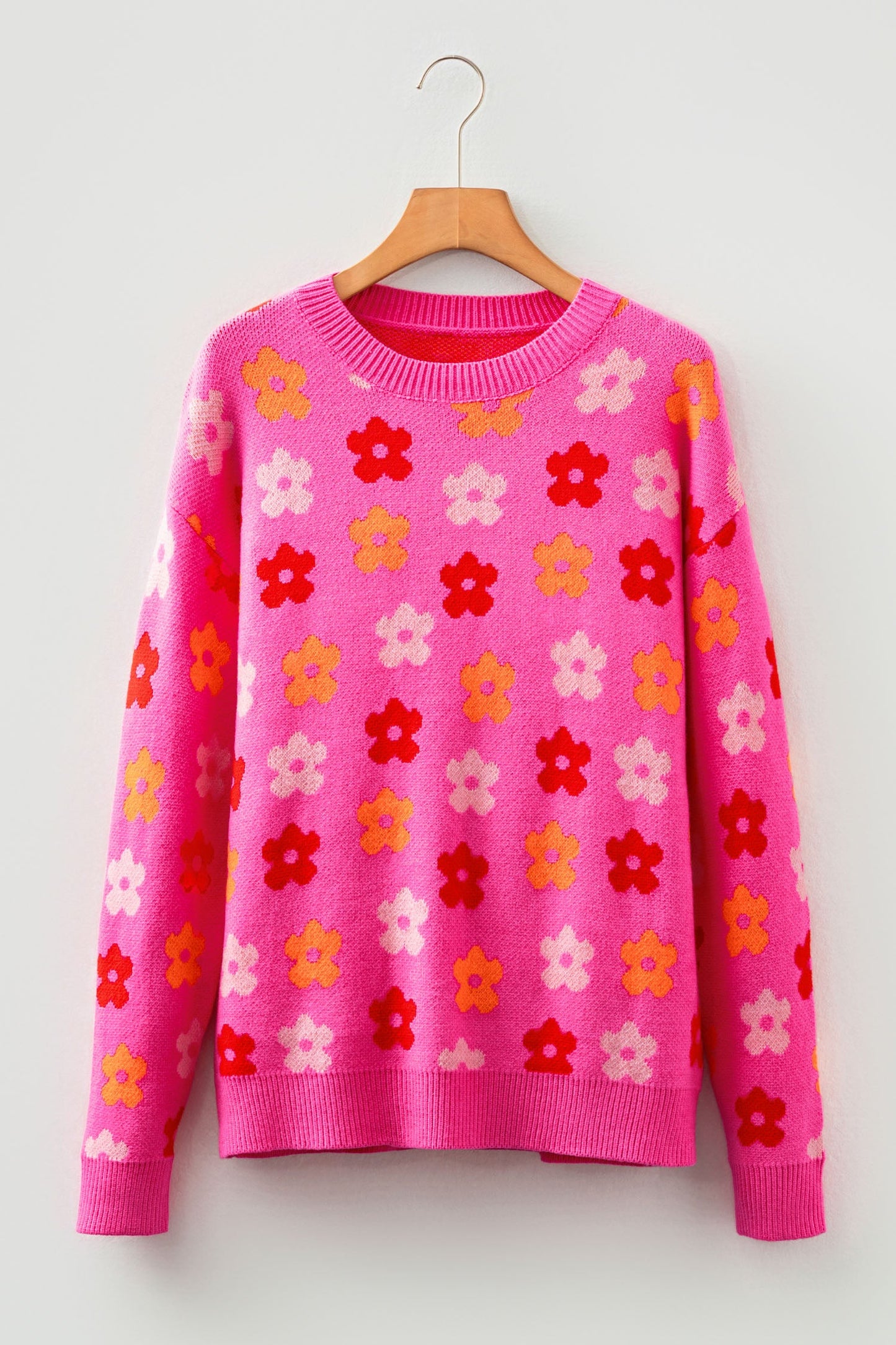 Flower Ribbed Trim Drop Shoulder Sweater