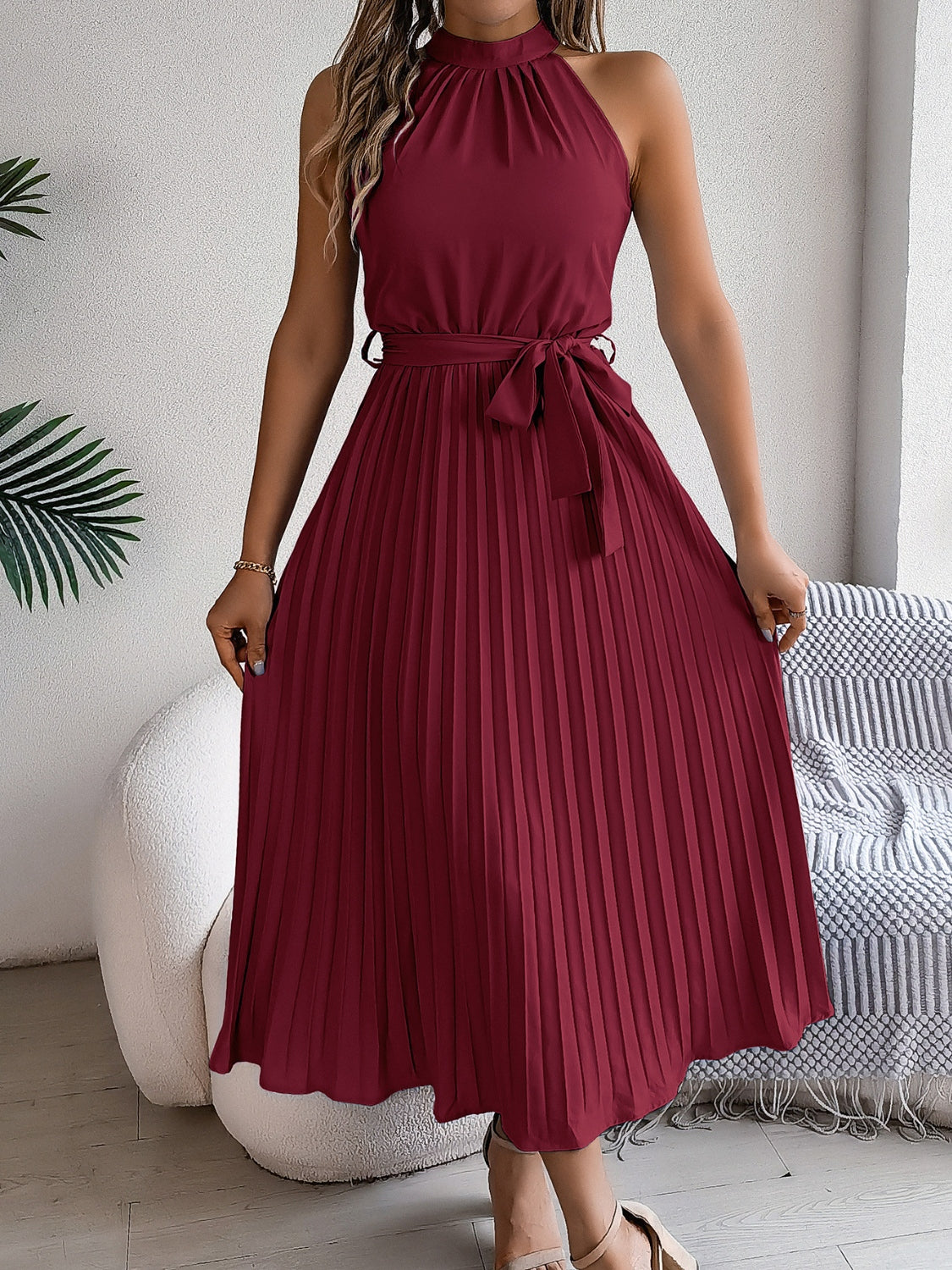 Pleated Tie Waist Sleeveless Midi Dress