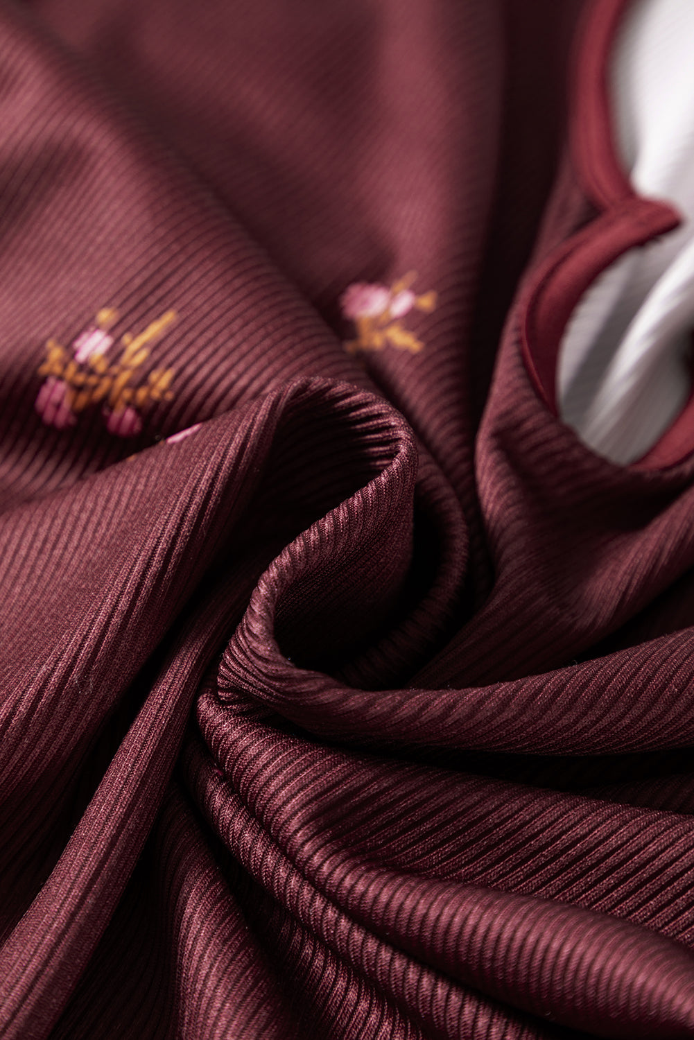 Floral Ribbed Notched Neck Long Sleeve Top