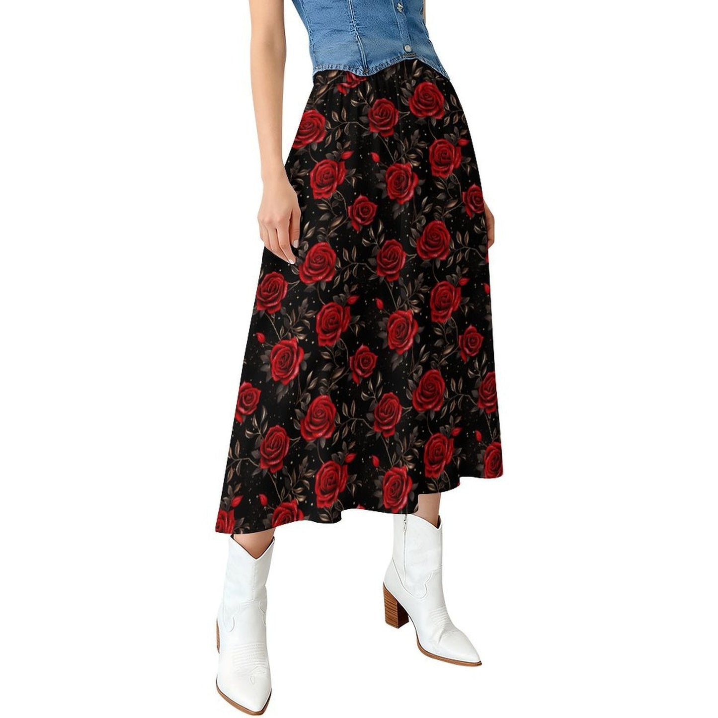 Colores de Mexico Romantic Red Roses Midi Skirt