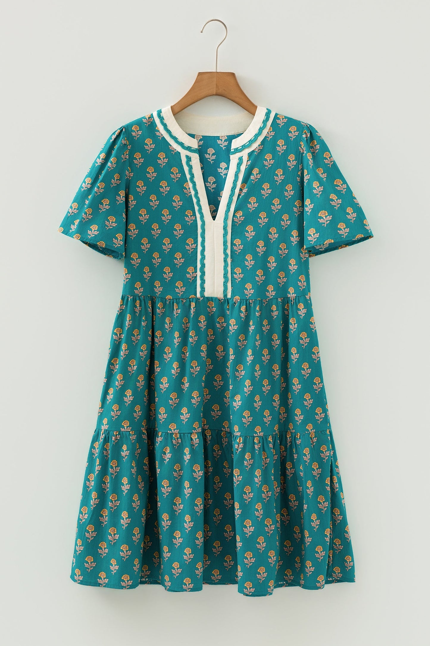 Floral Contrast Trim V-Neck Short Sleeve Dress