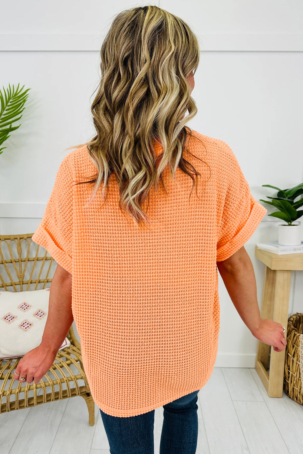 Solid Waffle Knit V-Neck Short Sleeve Top