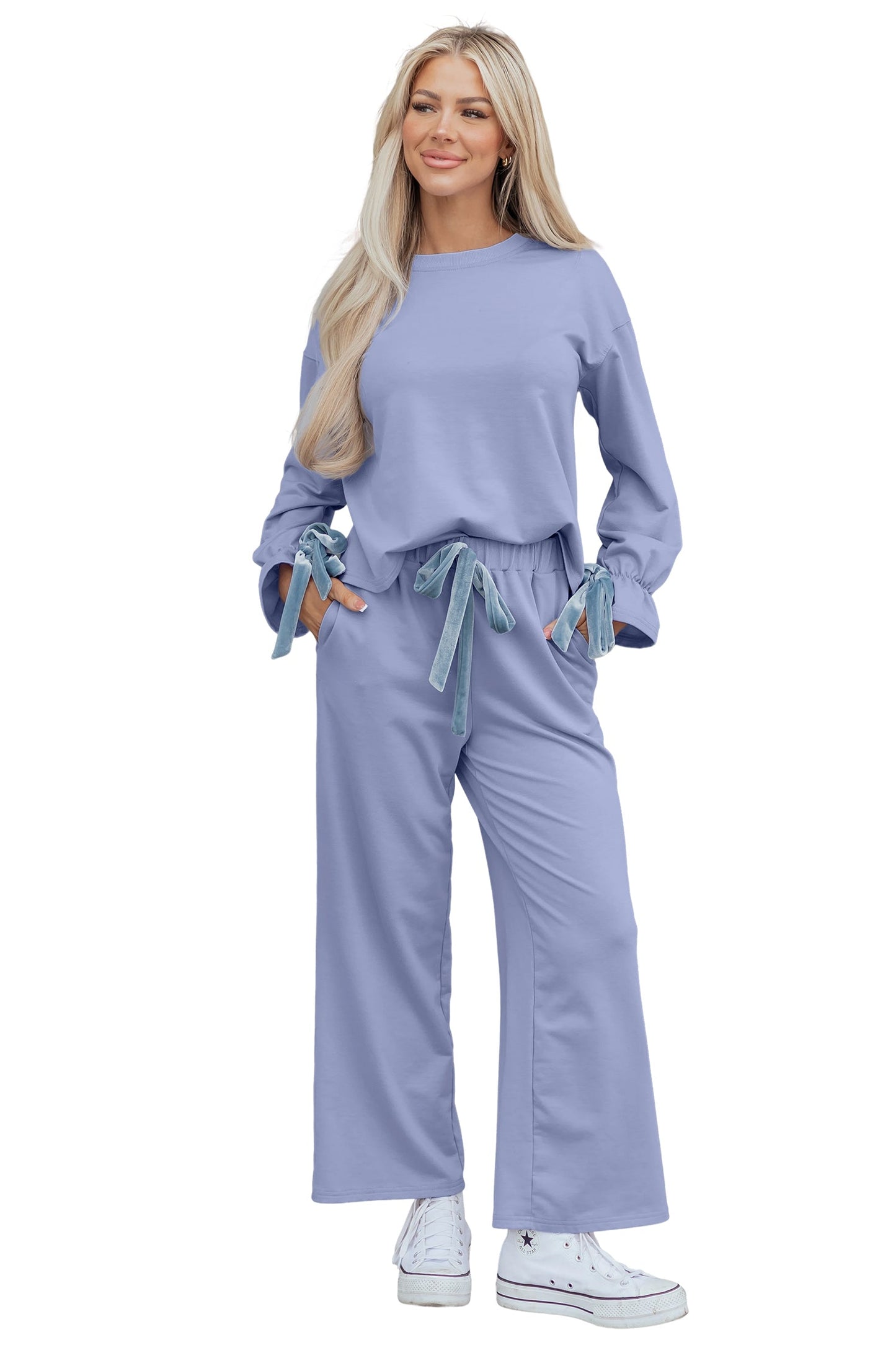 Flounce Long Sleeve Top and Drawstring Pants Set