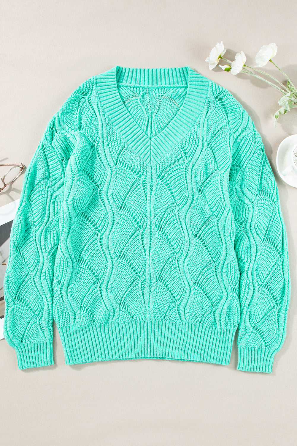 Hollow-Out Knit V-Neck Drop Shoulder Sweater