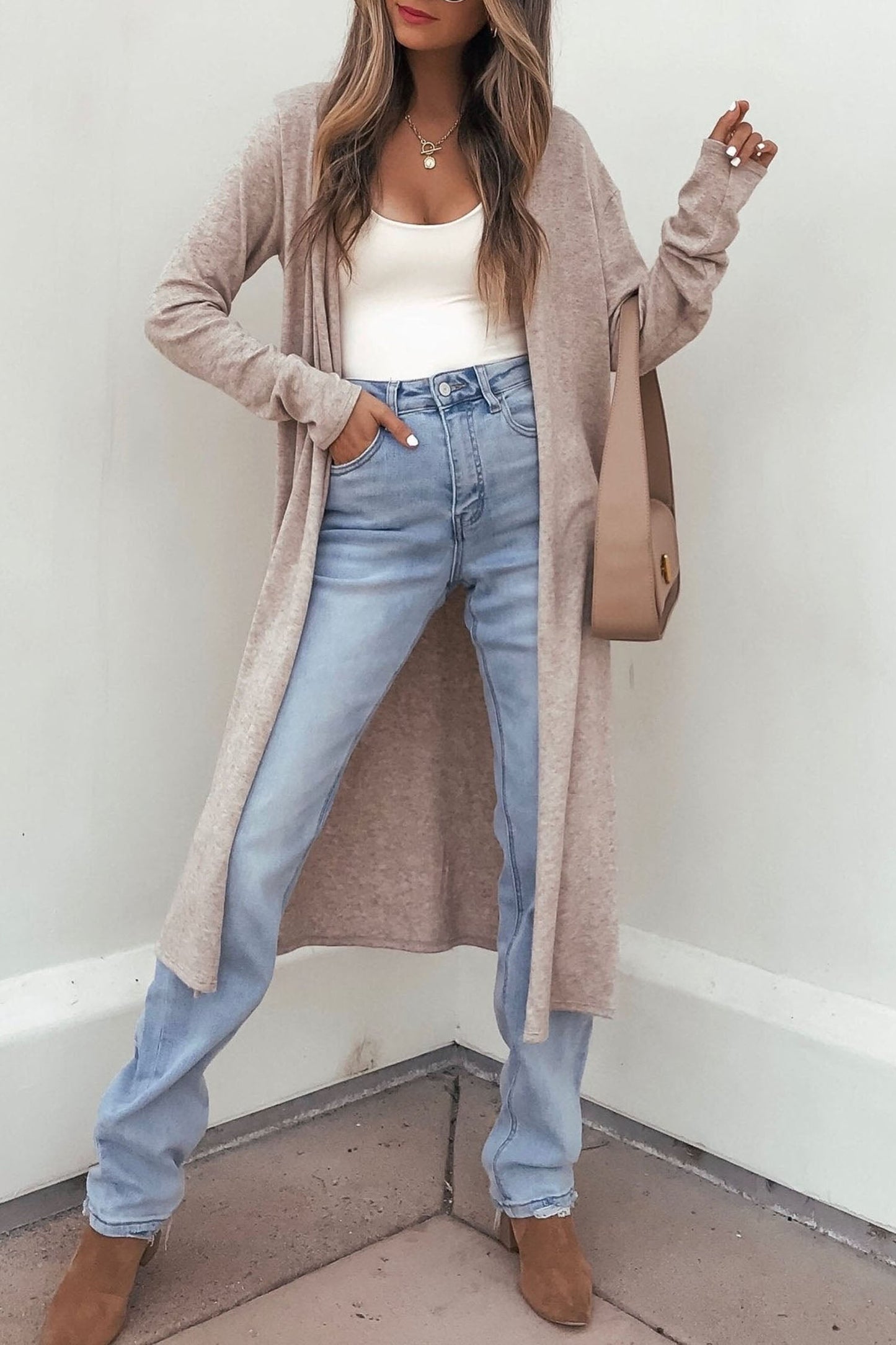 Solid Long Sleeve Open Front Tunic Cardigan