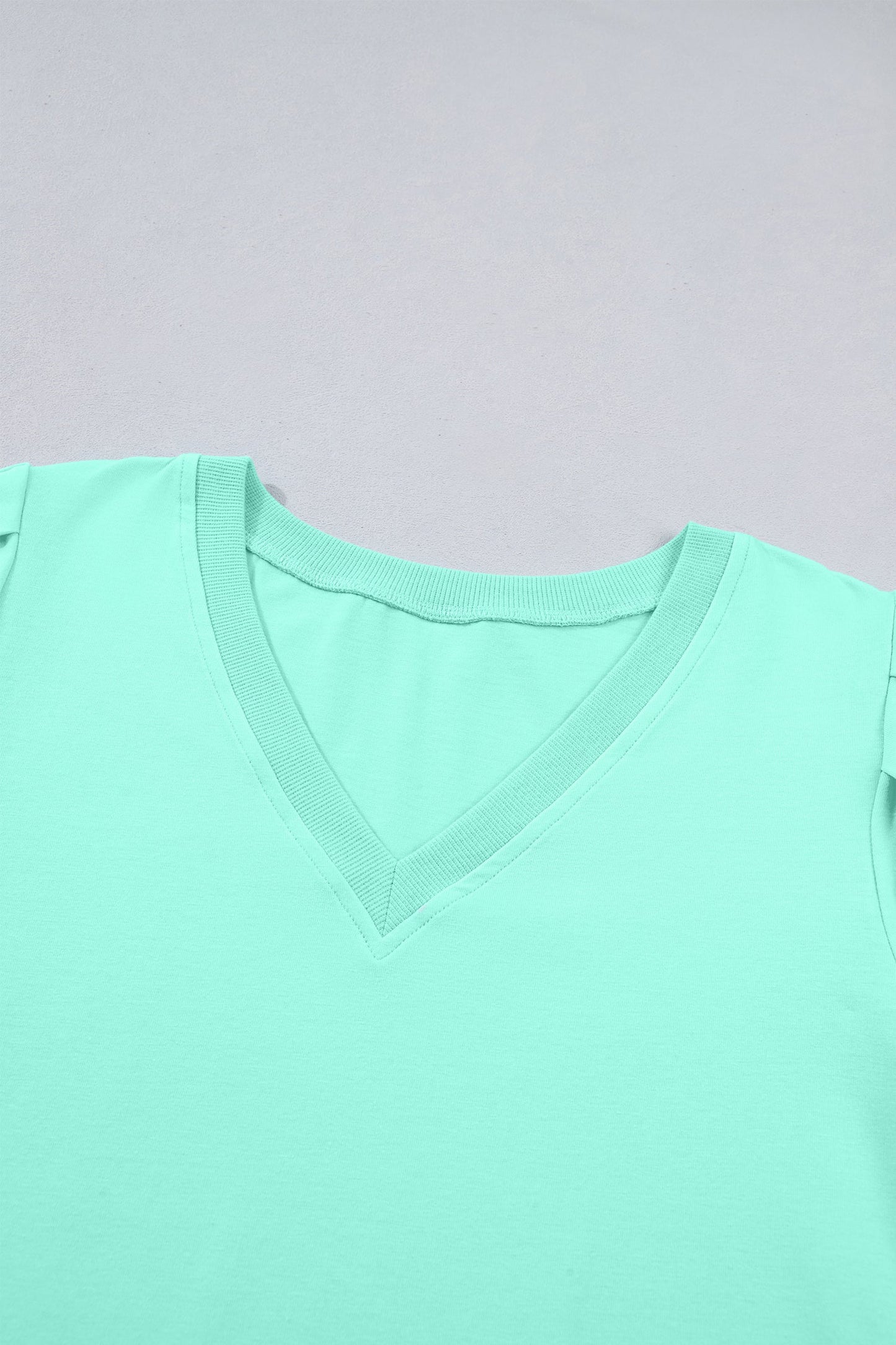 Solid V-Neck Short Puff Sleeve Blouse