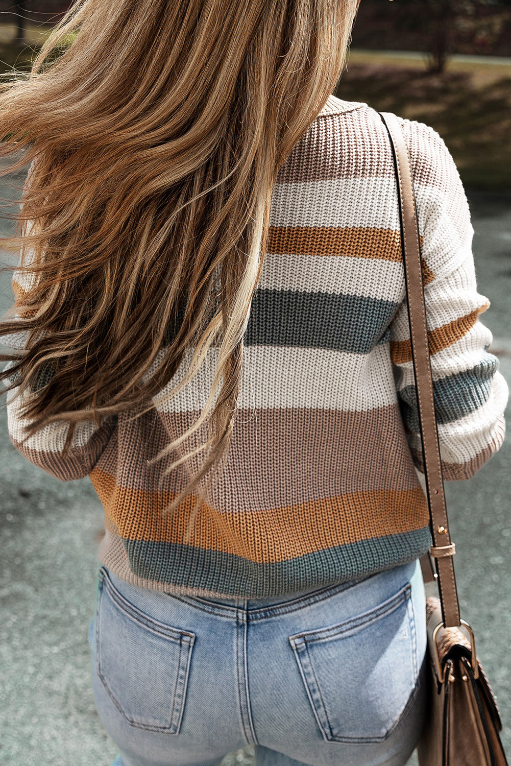 Colorblock Stripe Ribbed Round Neck Sweater