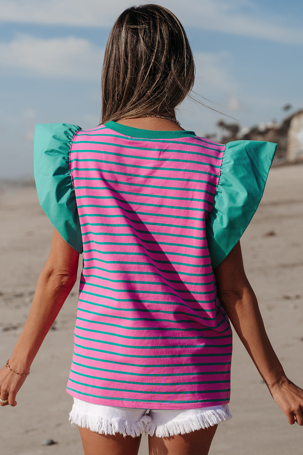 Stripe Colorblock Ruffle Sleeve Crewneck Blouse