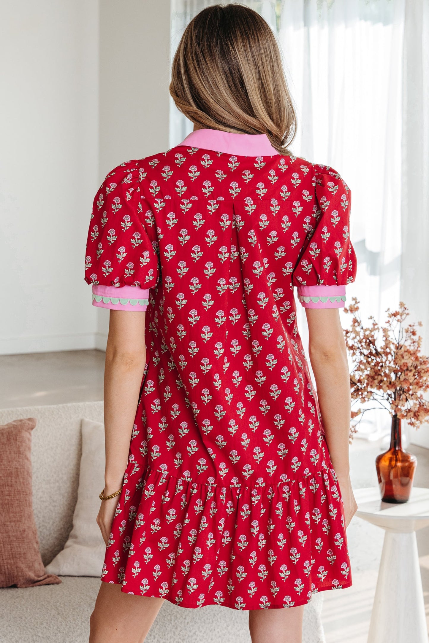 Floral V-Neck Short Bubble Sleeve Mini Dress