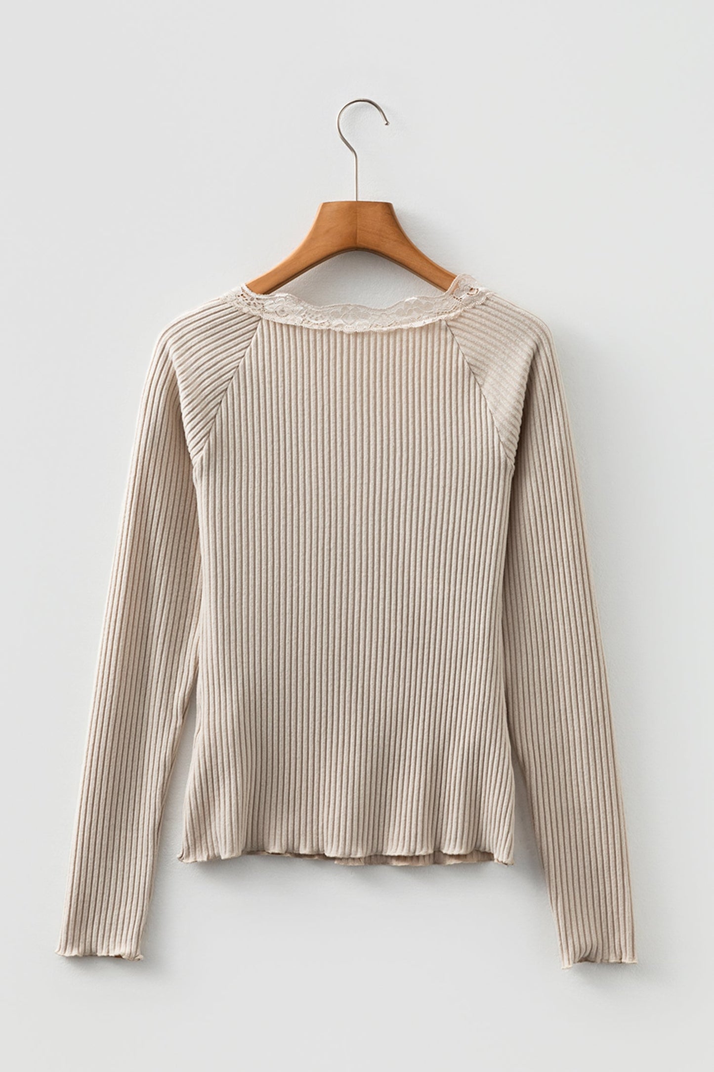 Solid Ribbed Lace Neckline Long Sleeve Top