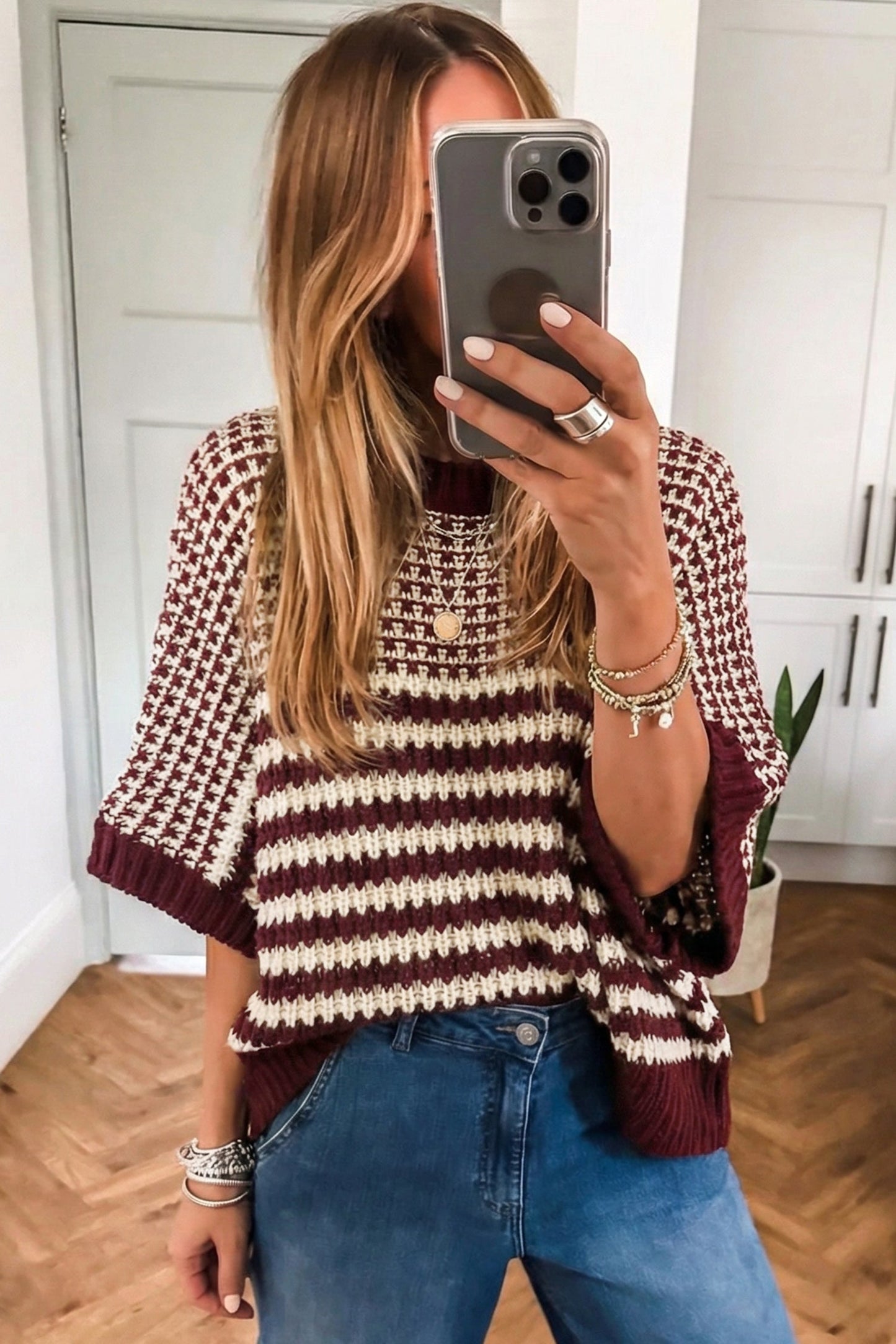 Stripe Draped 3/4 Sleeve Slouchy Sweater