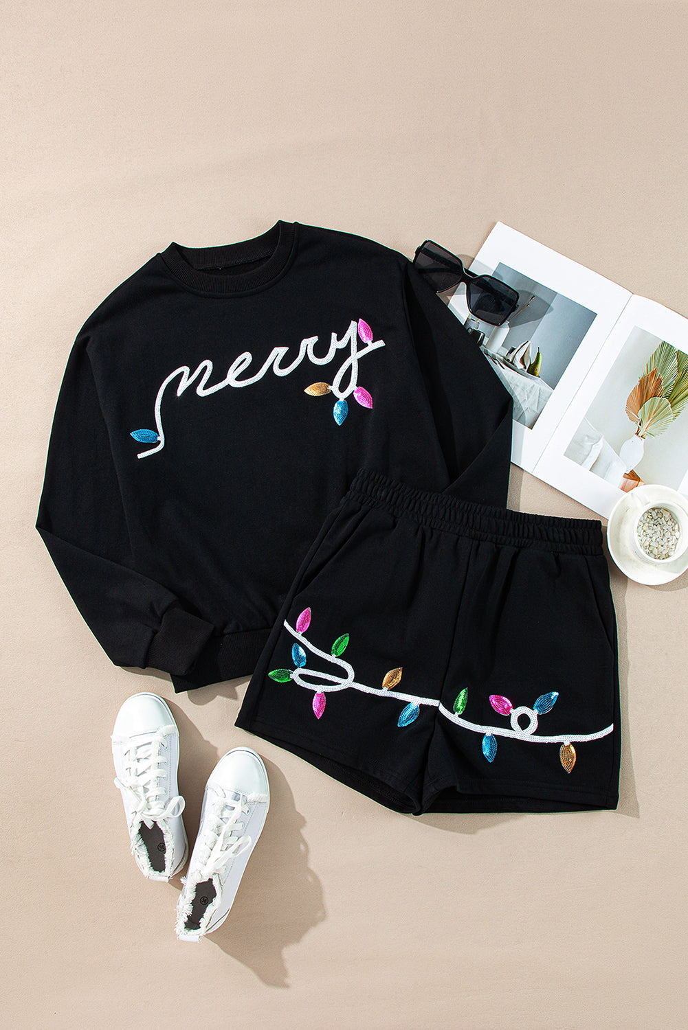 Merry Sequin Christmas Pullover and Shorts Set