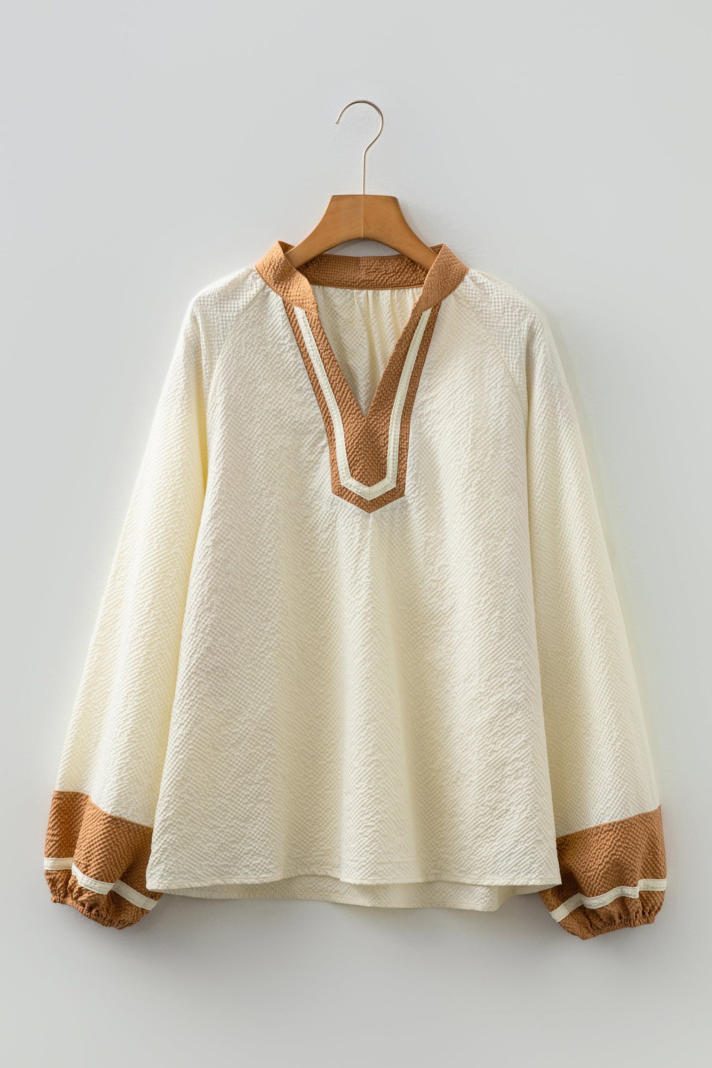 Colorblock Patchwork Detail V-Neck Textured Blouse