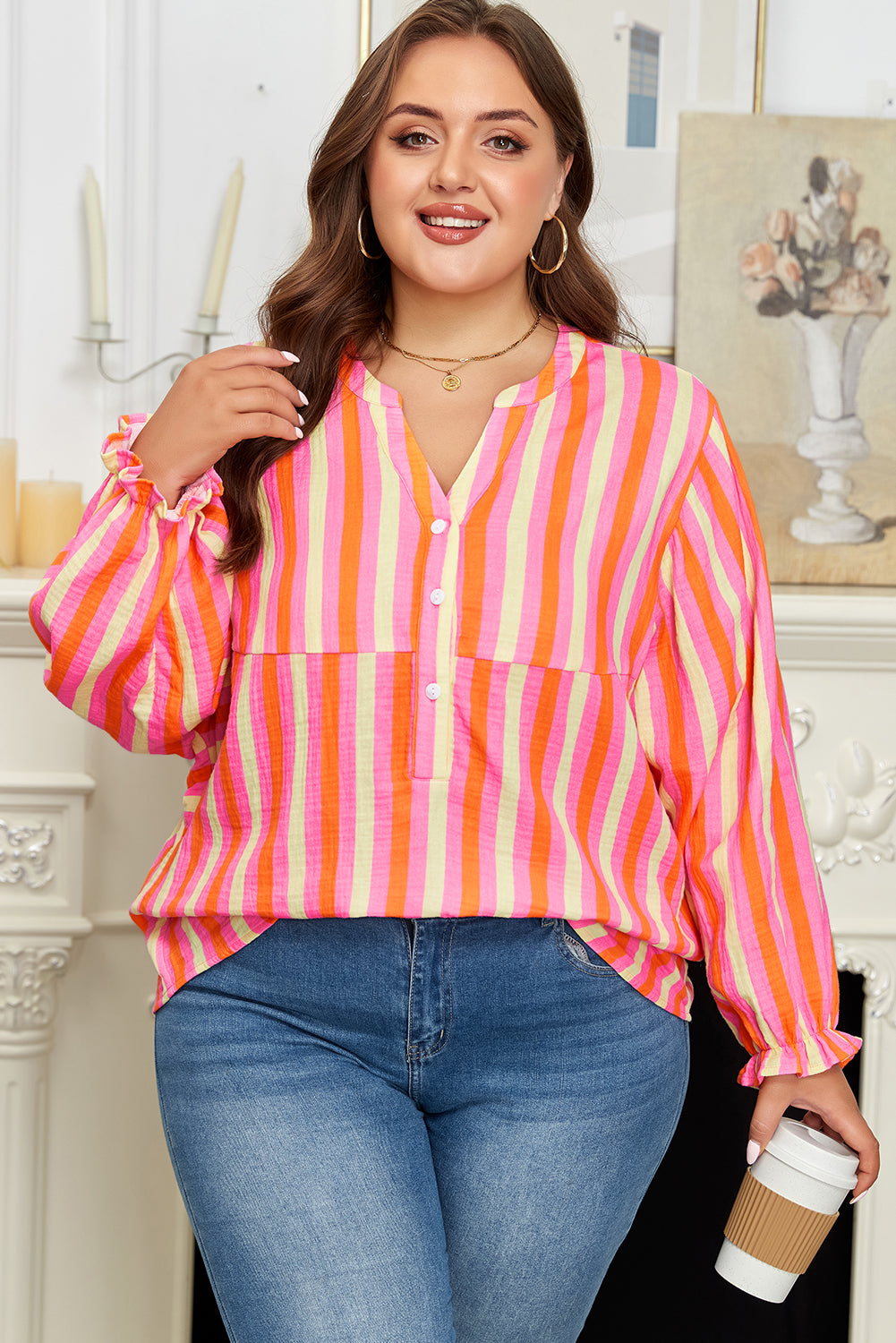 Plus Size Stripe Crinkled Half-Button V-Neck Blouse