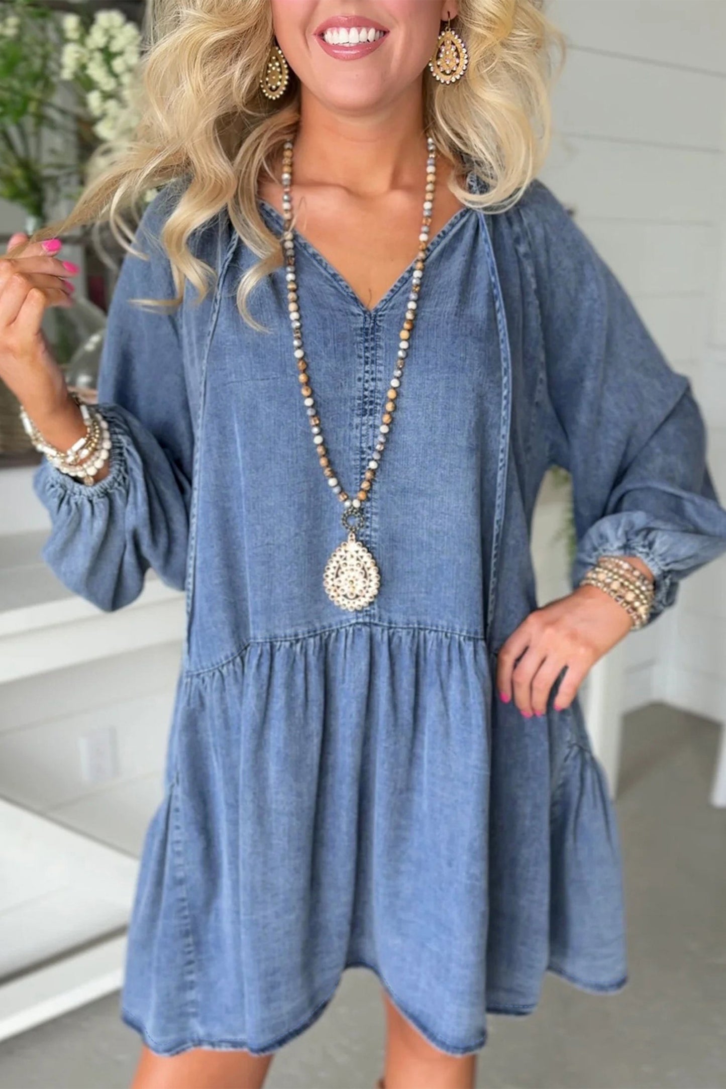Denim Puff Sleeve Tie V-Neck Ruffle Dress