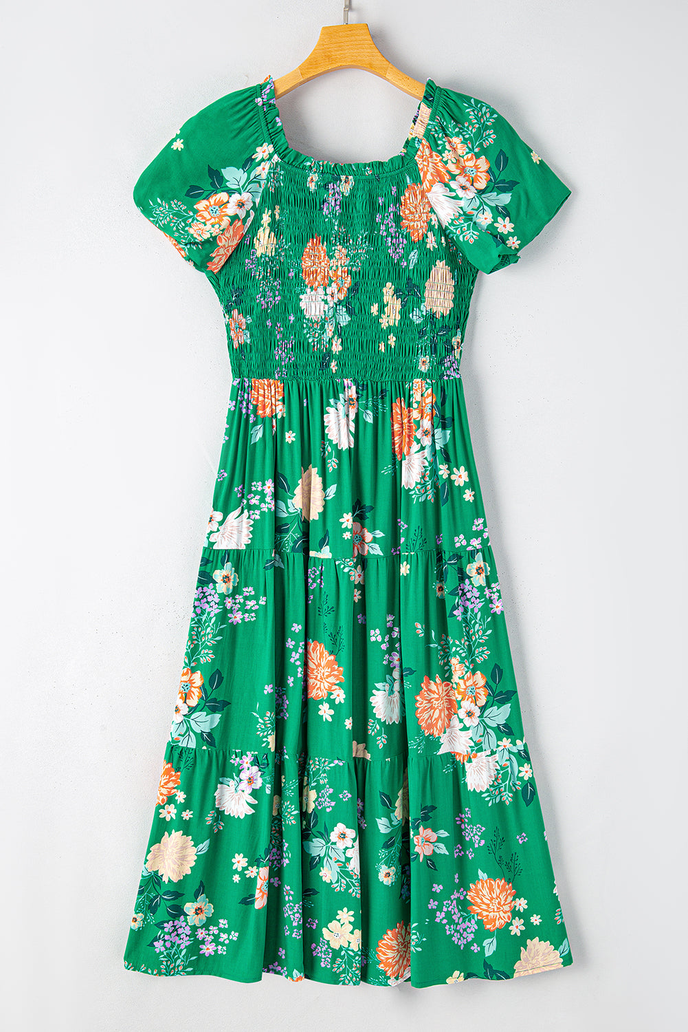 Floral Bubble Sleeve Smock Tiered Midi Dress