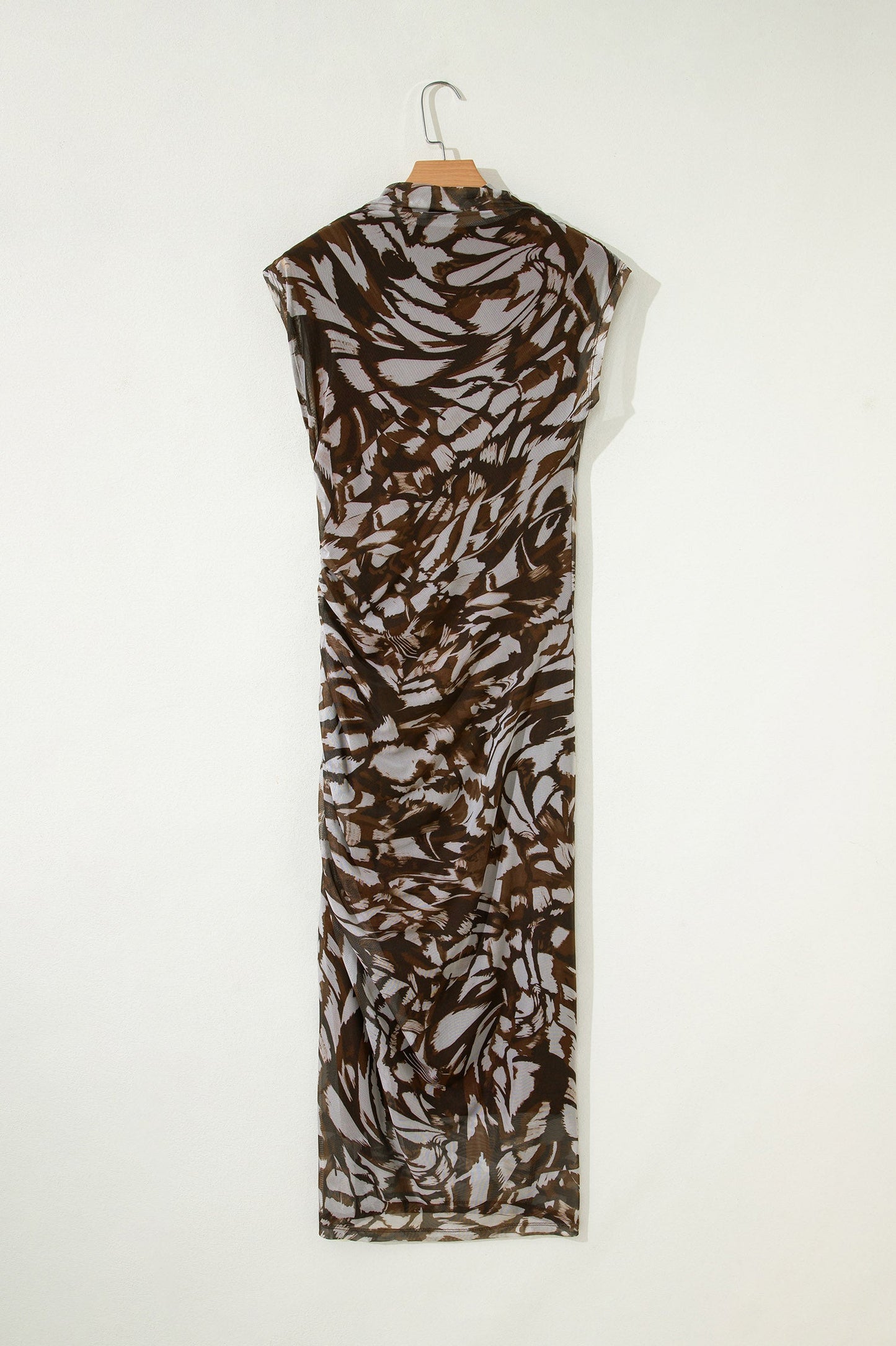 Abstract Mesh Cowl Neck Ruched Slit Midi Dress