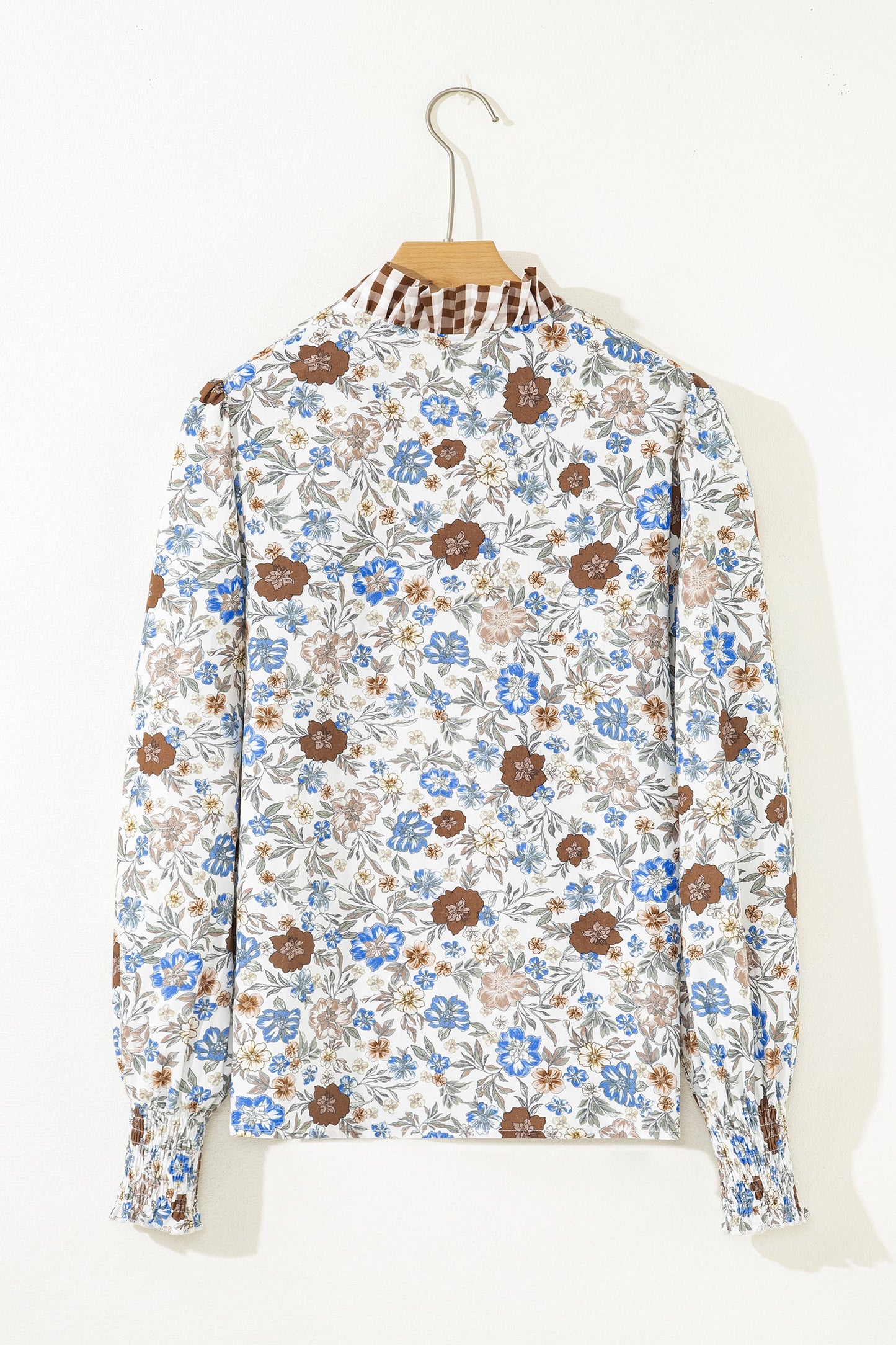Floral Gingham Plaid Frilled Trim Long Sleeve Blouse