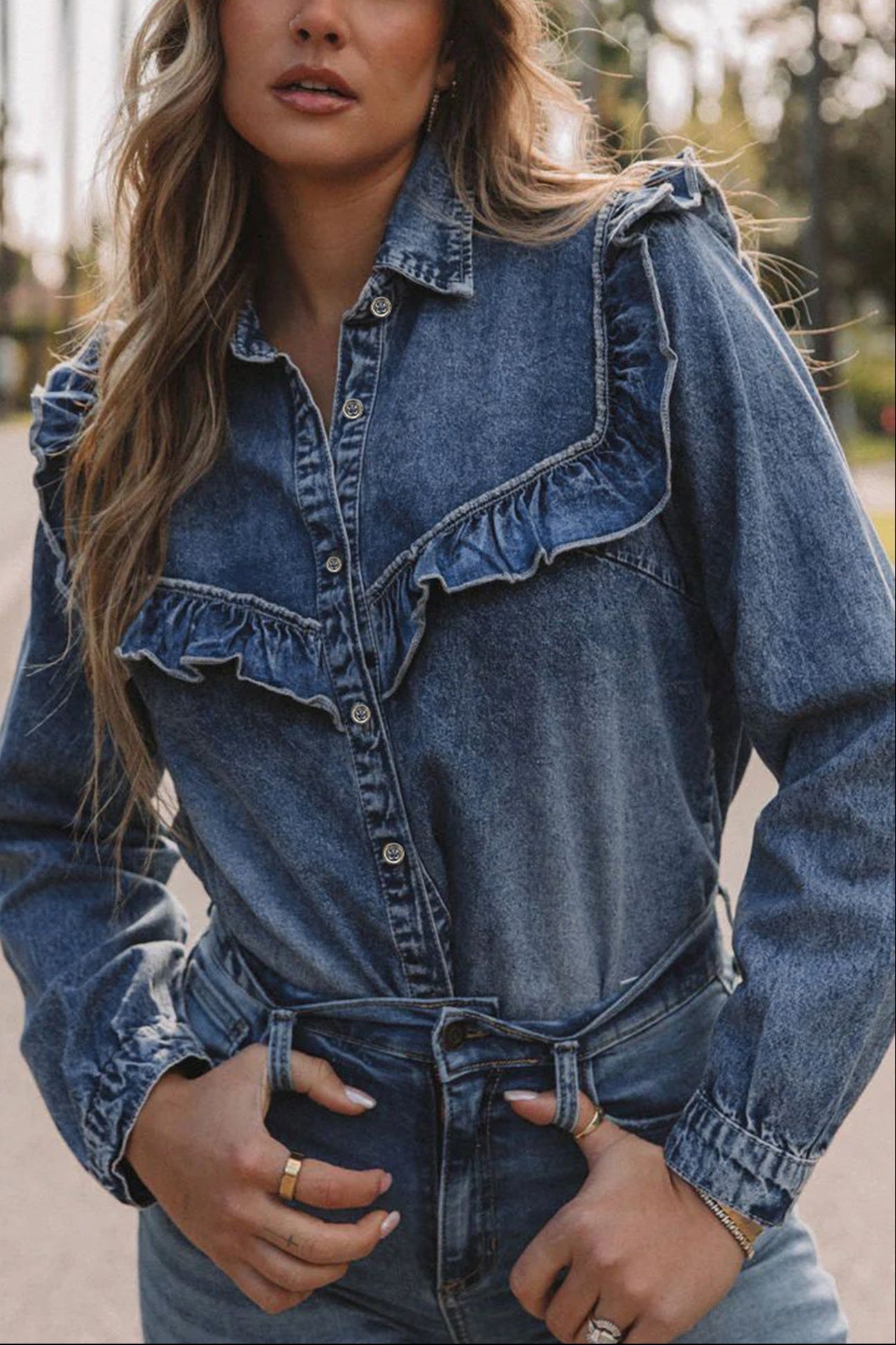 Vintage Wash Denim Ruffle Detail Button-Down Shirt