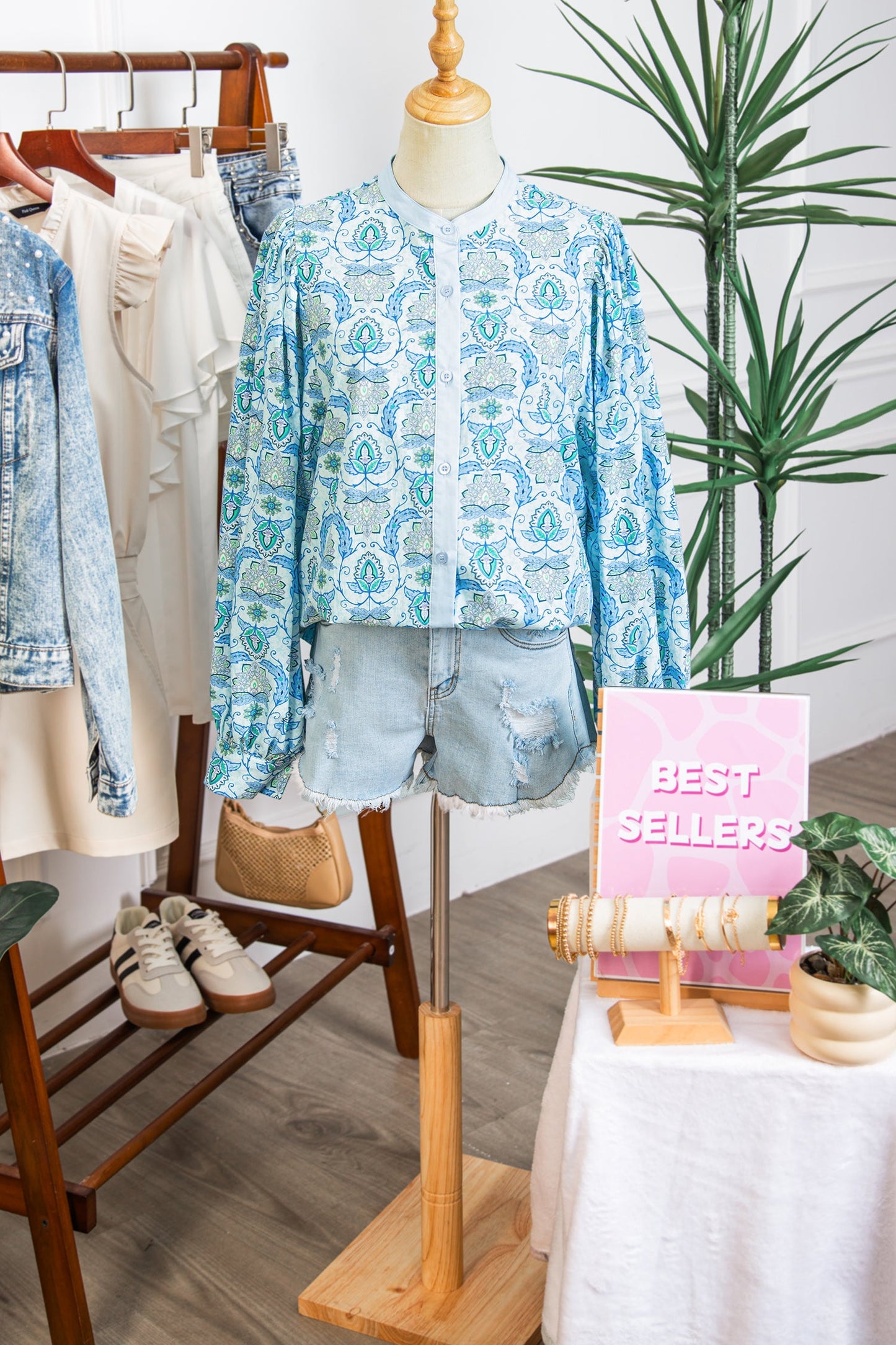 Paisley Long Puff Sleeve Buttoned Shirt