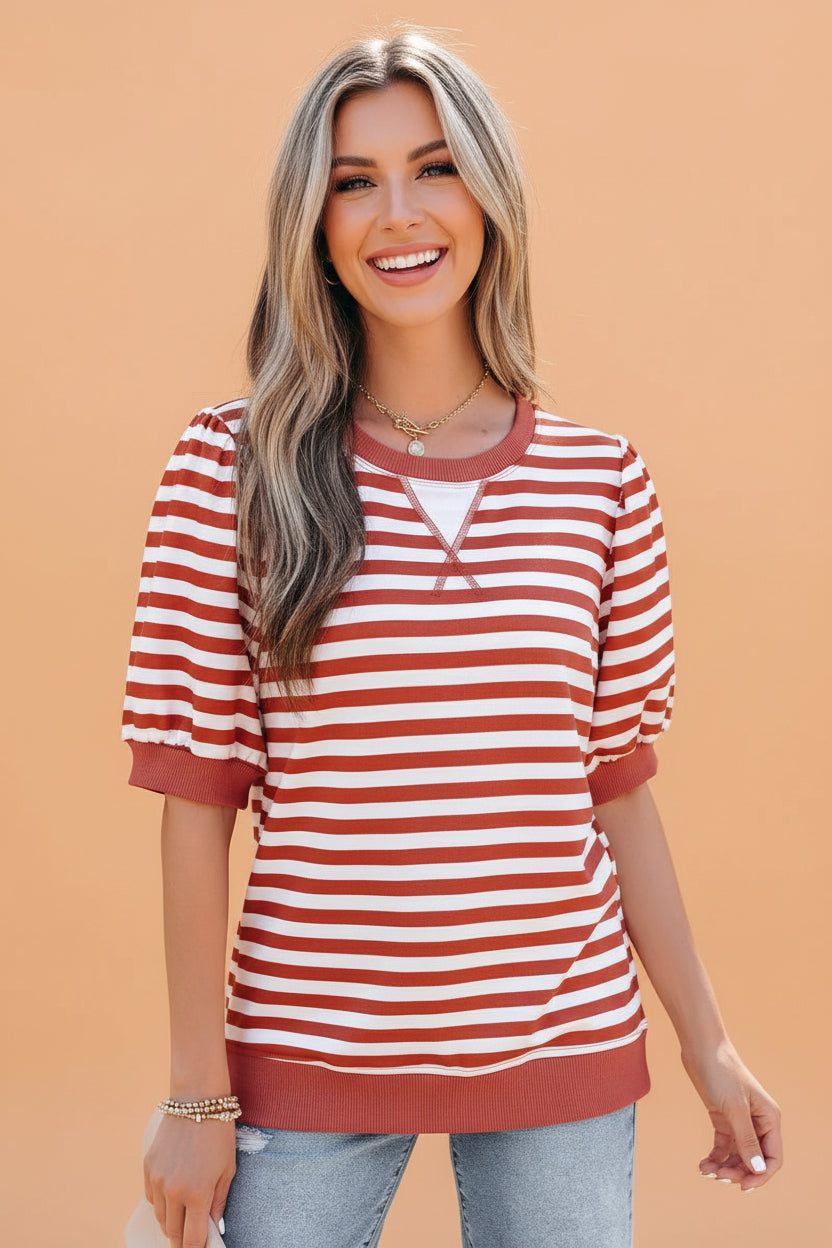 Stripe Short Bubble Sleeve T-Shirt Top