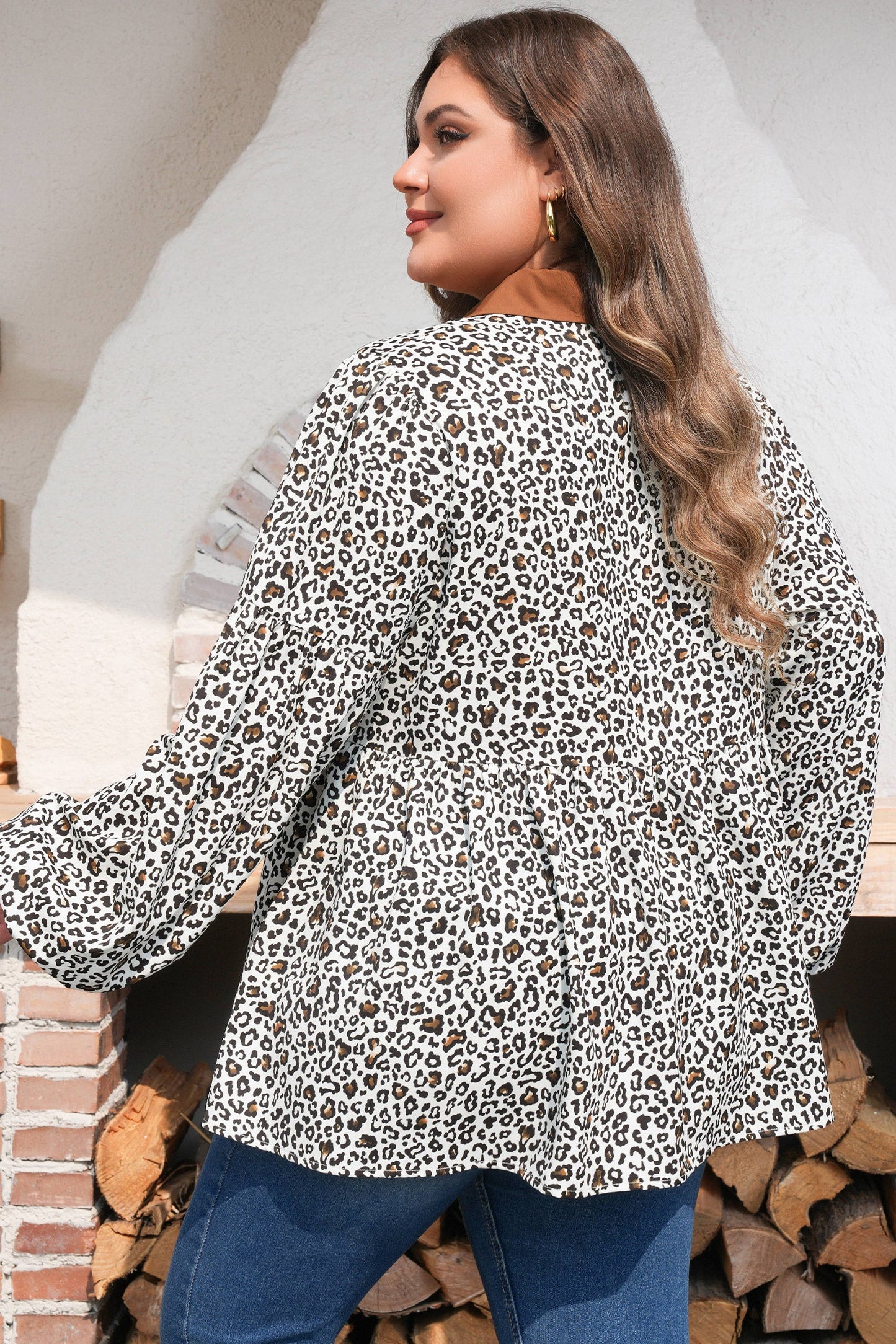 Plus Size Leopard Contrast Trim Puff Sleeve Blouse