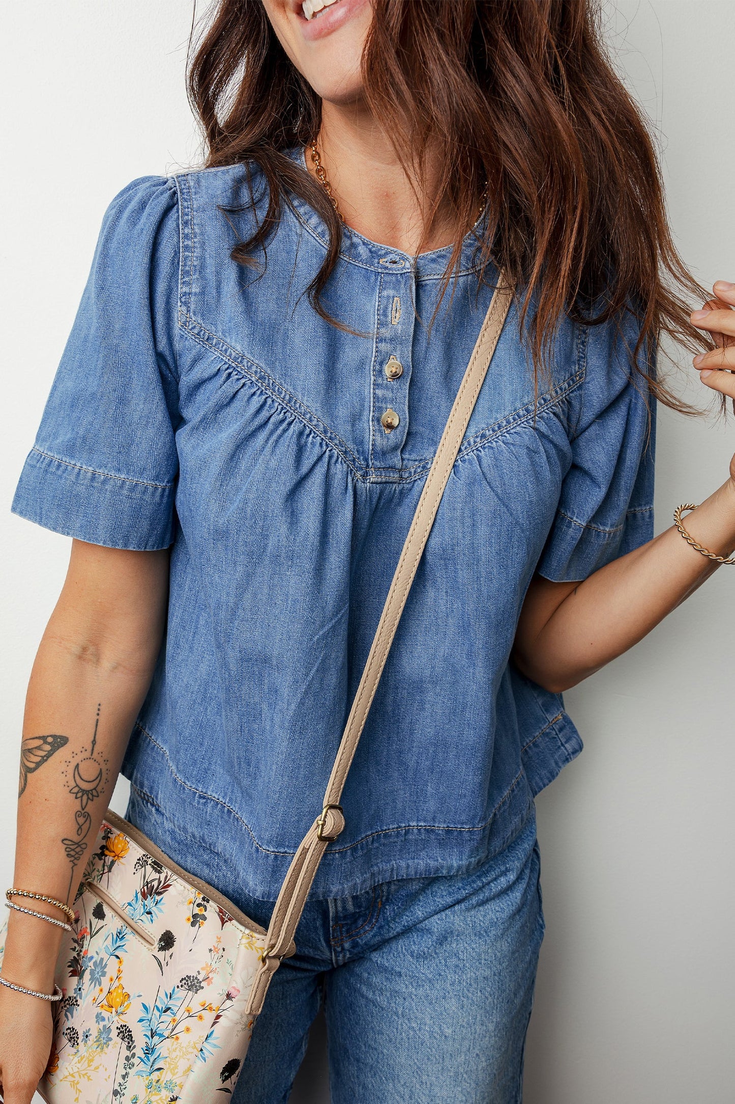 Denim Pleated Half Buttoned Short Sleeve Top