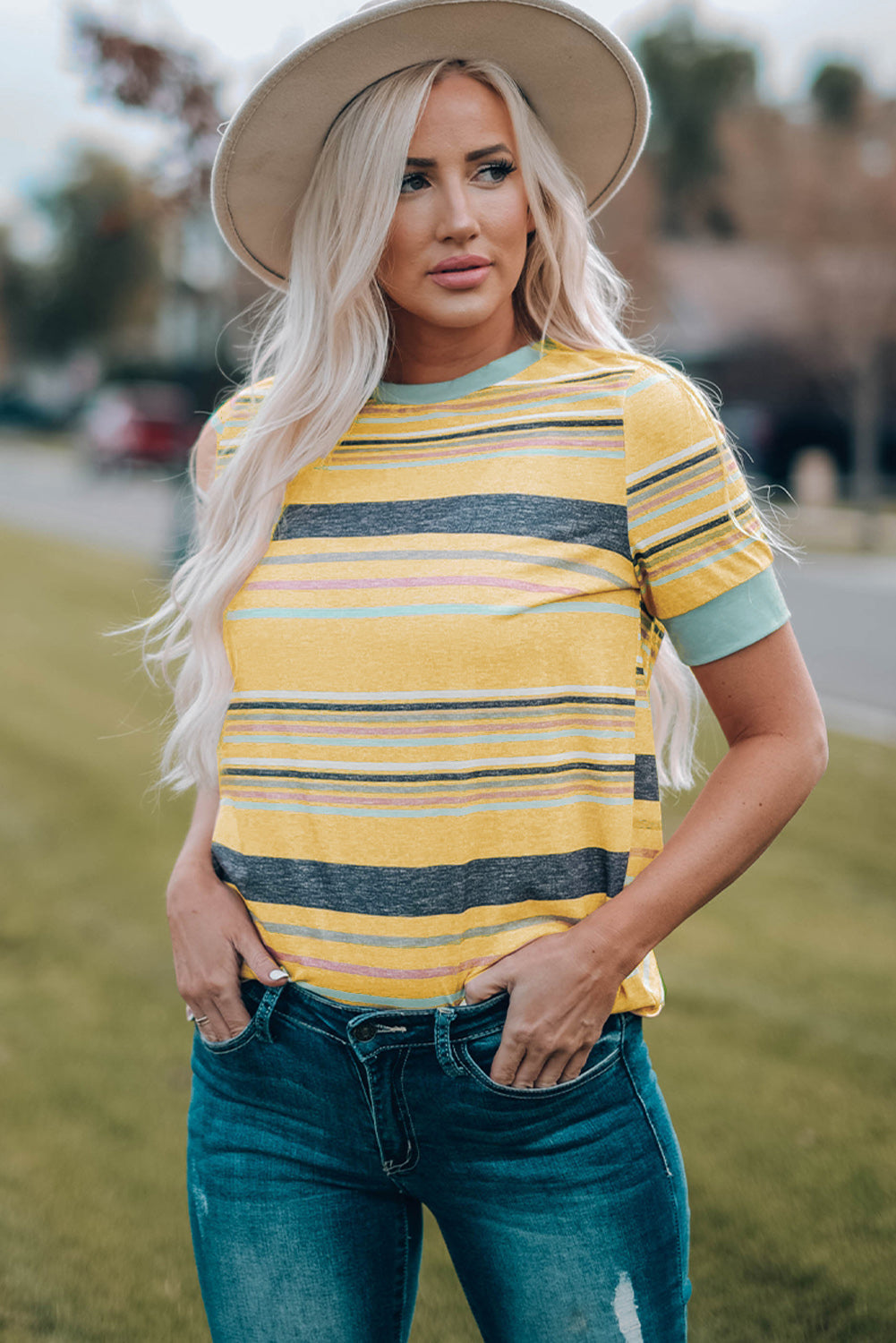 Stripe Short Sleeve Crew Neck T-Shirt