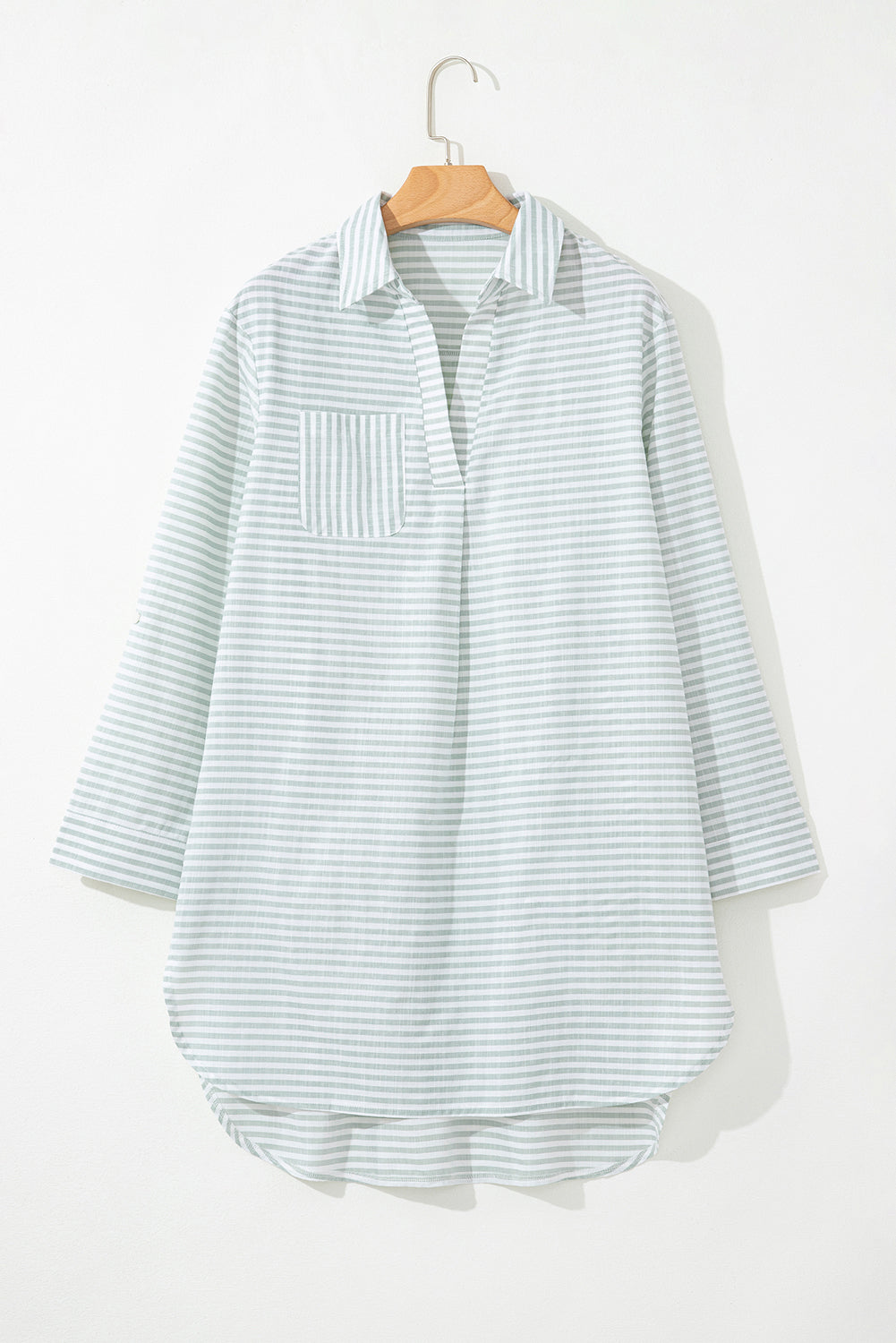 Stripe Collared V-Neck Chest Pocket Cover Up
