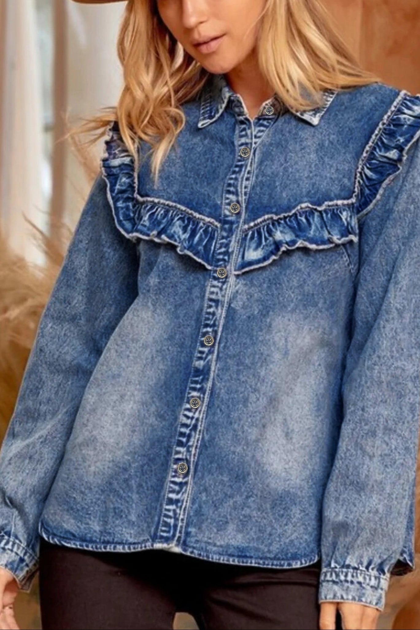 Vintage Wash Denim Ruffle Detail Button-Down Shirt