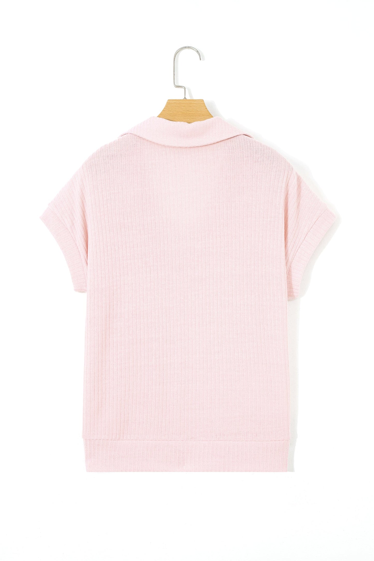 Solid Ribbed Knit Collared V-Neck Tee