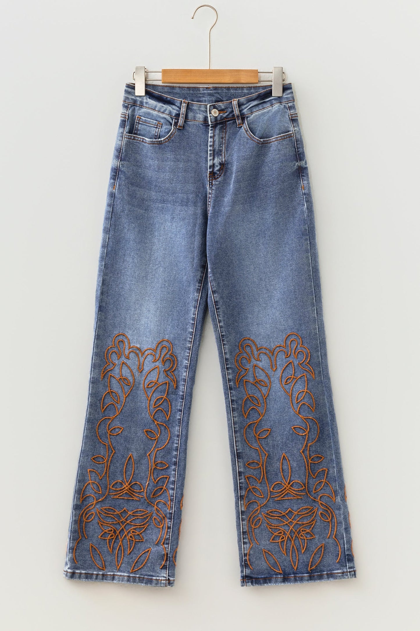 Denim Embroidered Flare Leg Jeans w/ Pockets