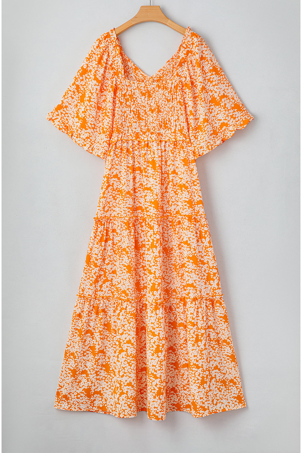 Floral Smocked V-Neck Wide Sleeve Maxi Dress