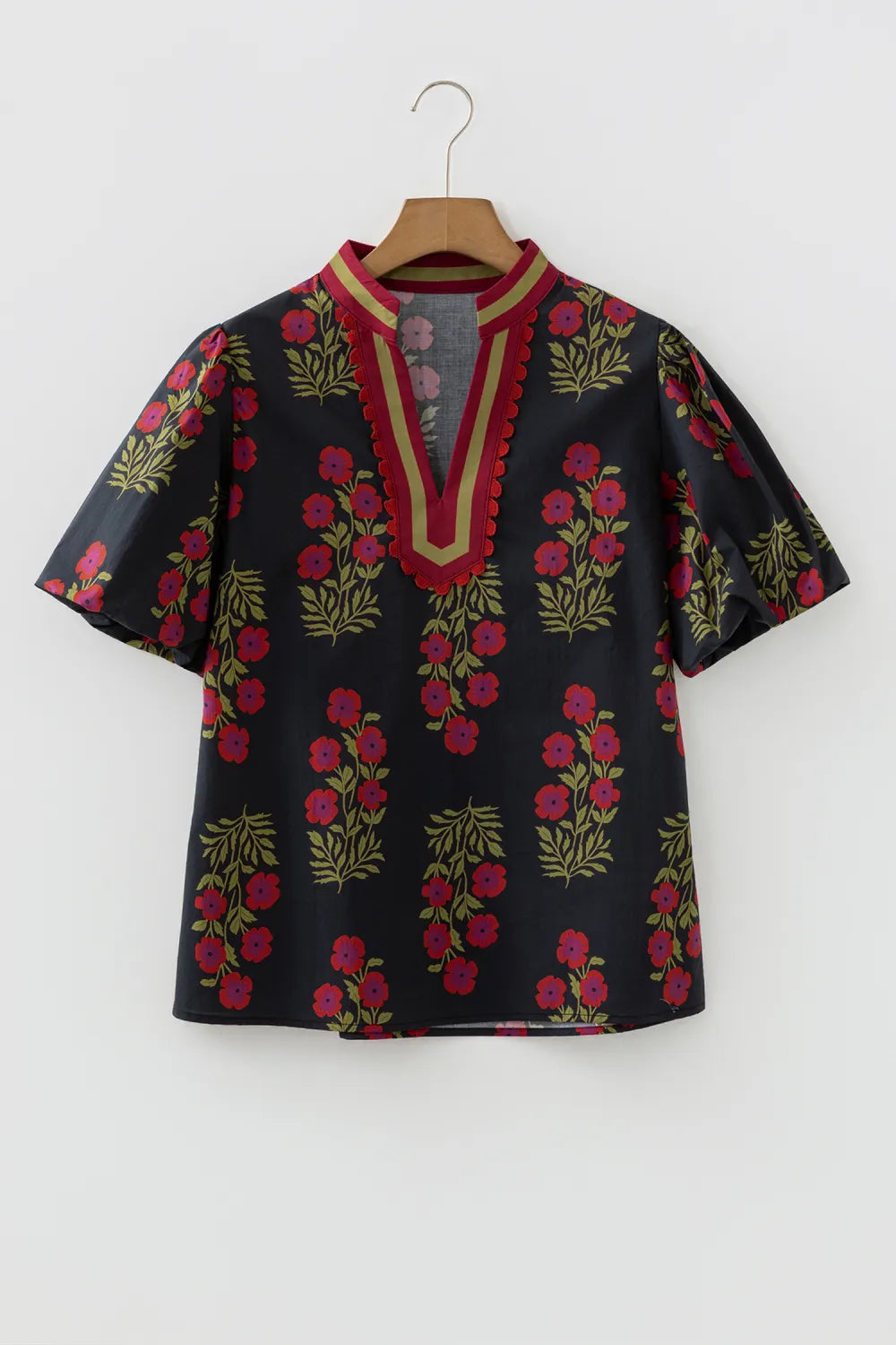 Floral Short Bubble Sleeve Contrast Slit Blouse
