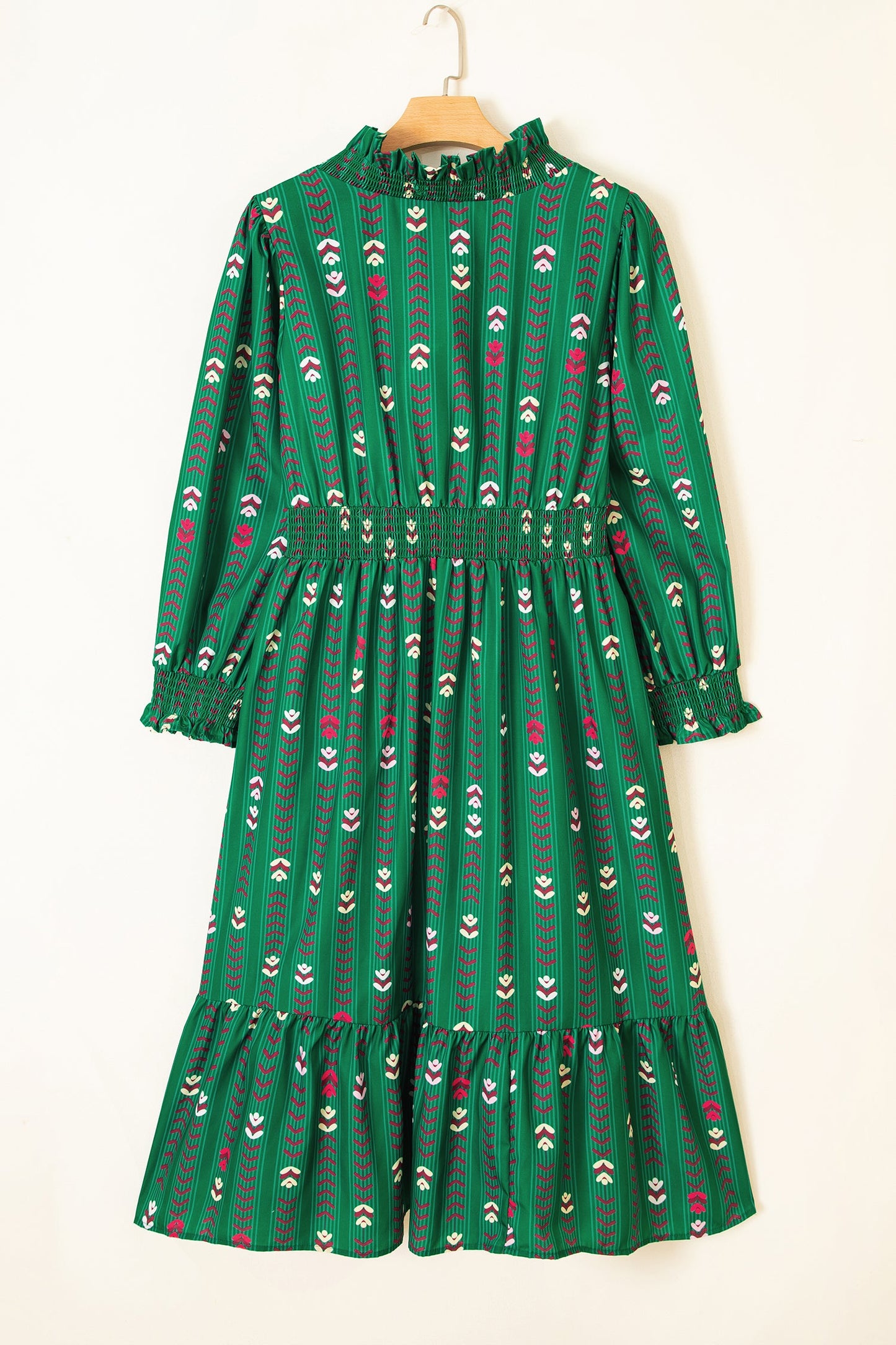 Plus Size Floral Ruffle V-Neck Long Sleeve Midi Dress