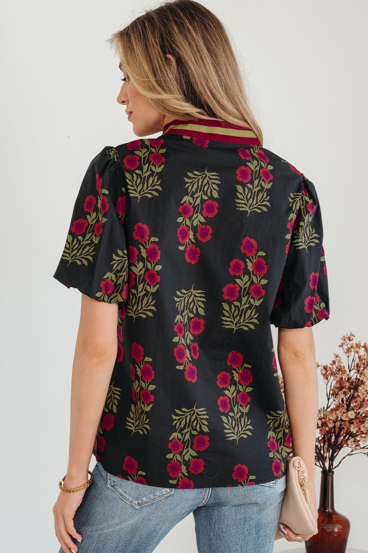 Floral Short Bubble Sleeve Contrast Slit Blouse