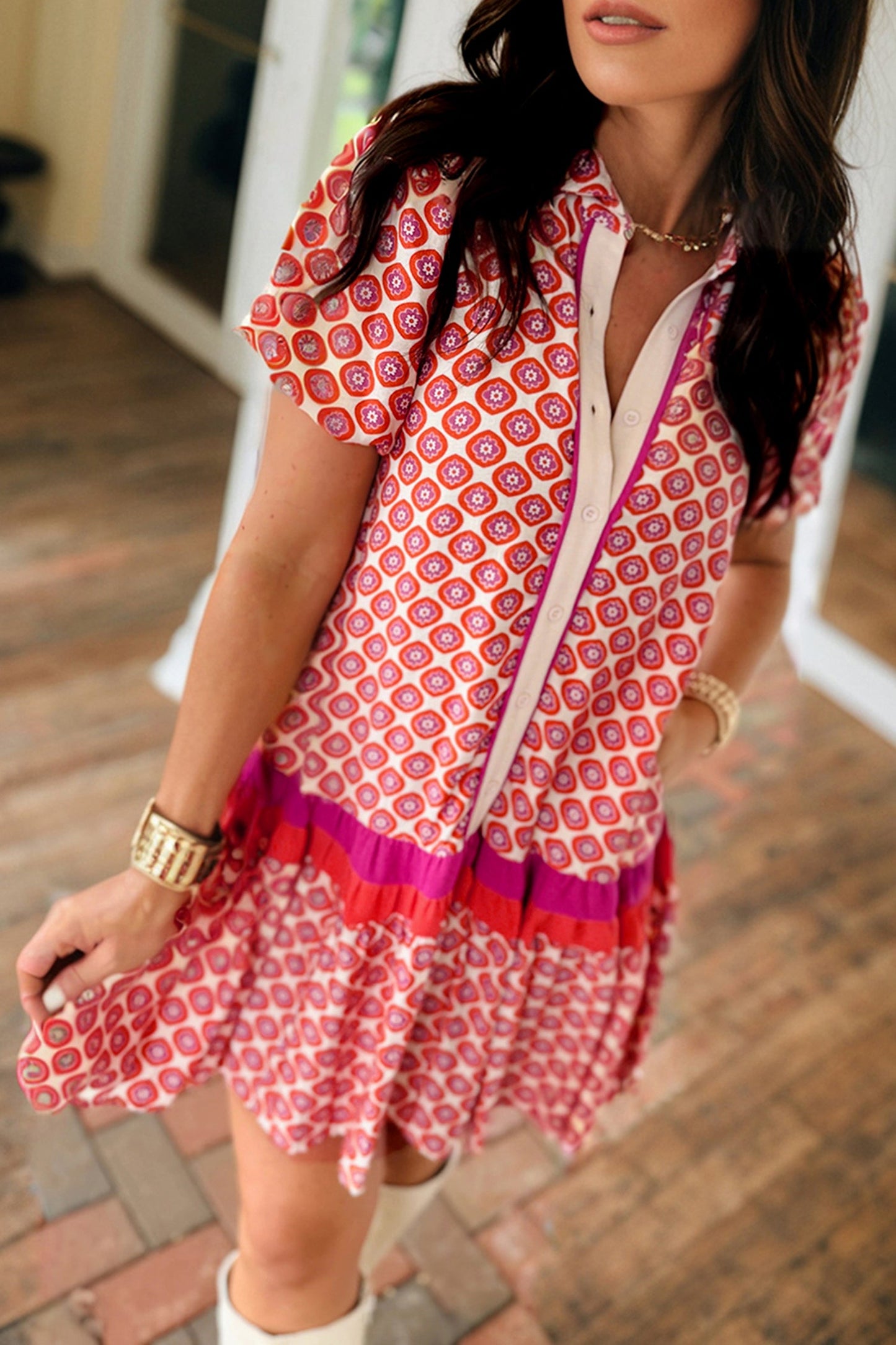 Floral Geometric Colorblock Ruffle Hem Dress