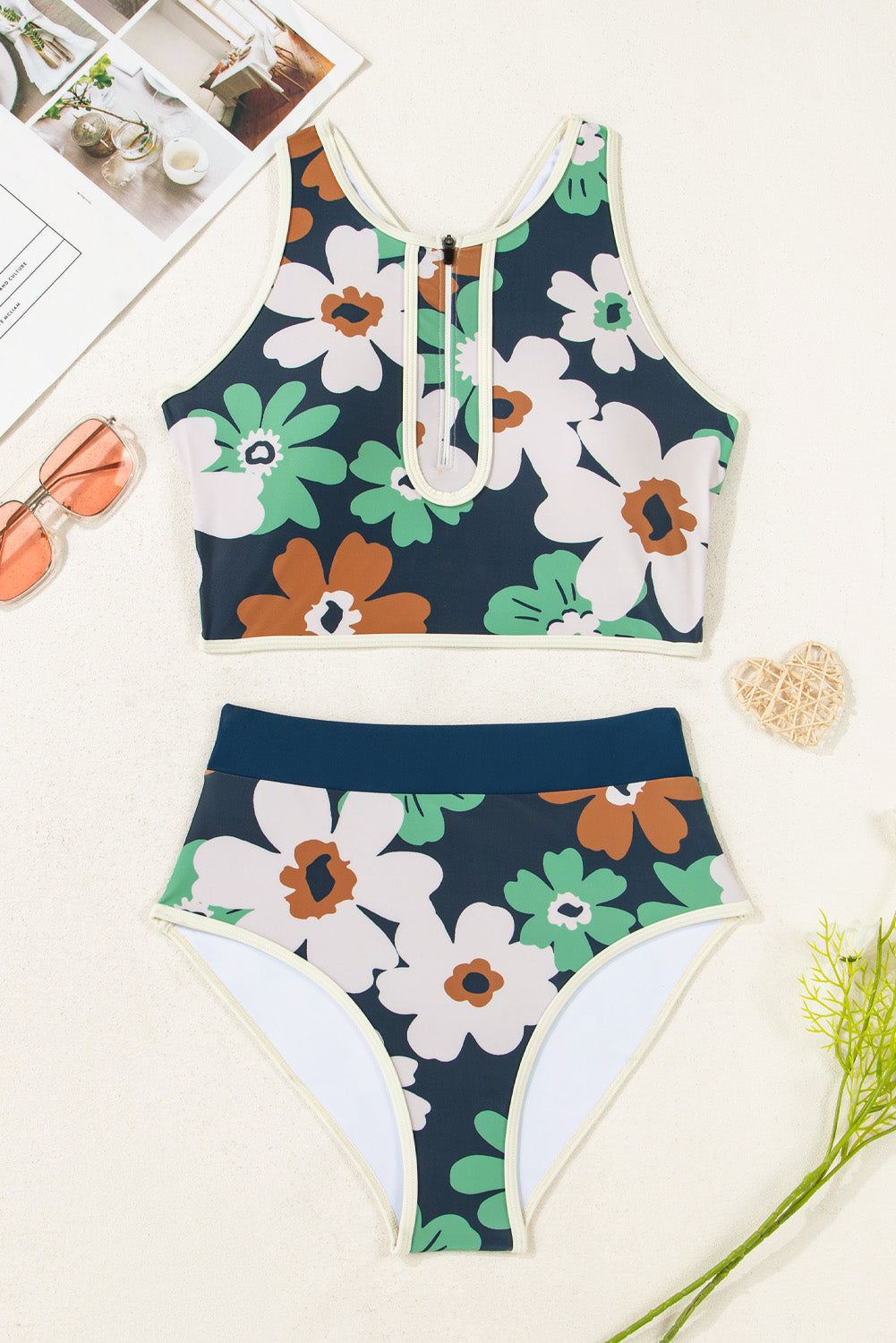 Flower Zip-Up Racerback Bikini Top & Highwaist Bottom