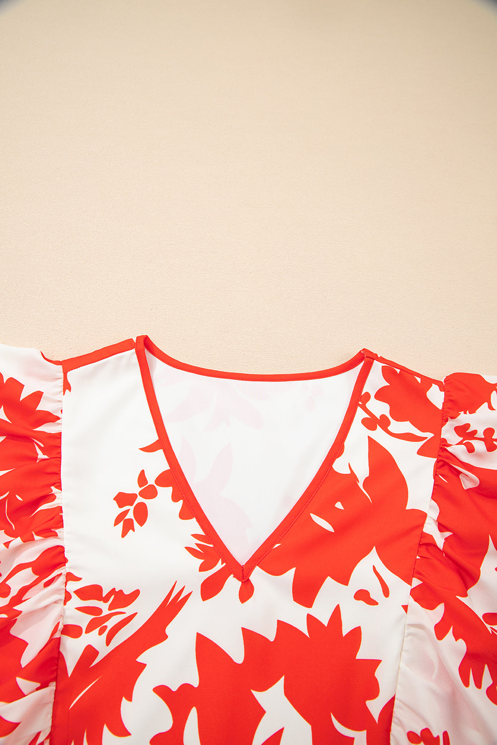 Floral Trim V-Neck Ruffle Sleeve Long Dress