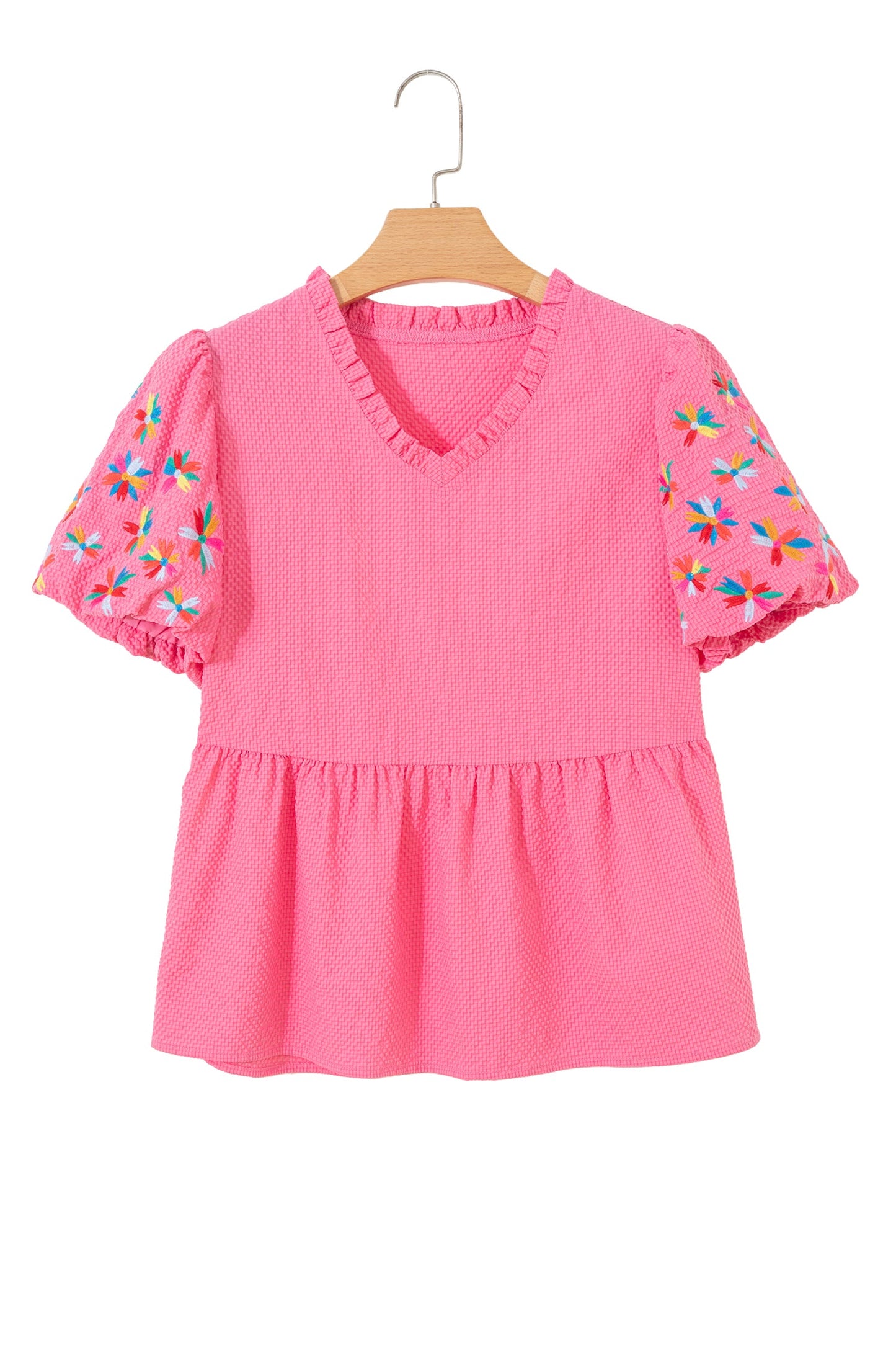 Flower Embroidered Puff Sleeve Frilled V-Neck Blouse